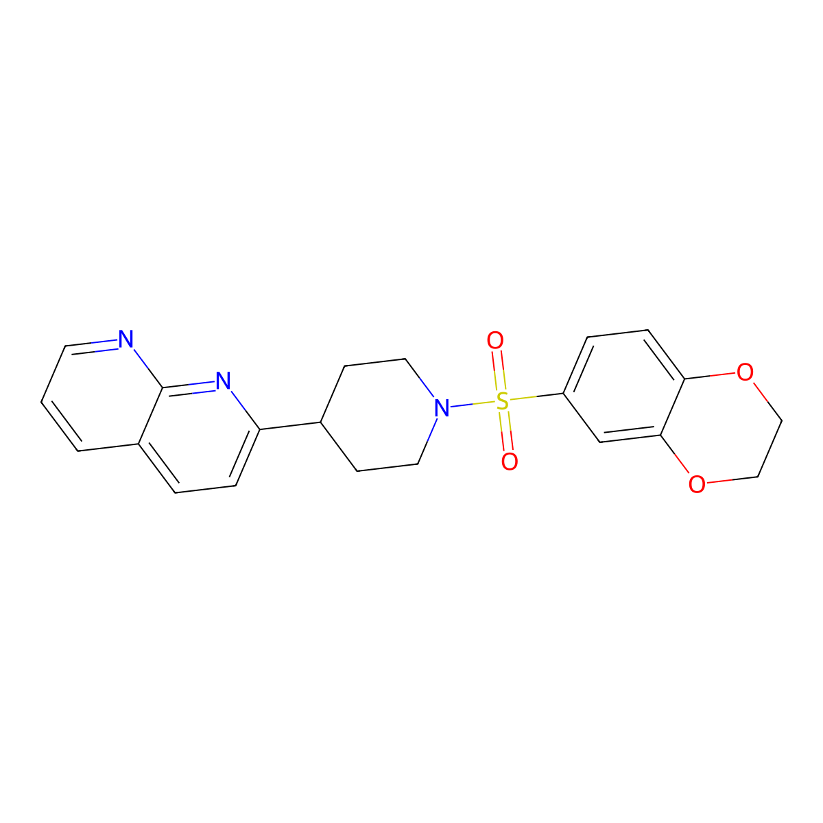 2-[1-(2,3-Dihydro-1,4-benzodioxine-6-sulfonyl)piperidin-4-yl]-1,8-naphthyridine molecular structure, CAS 2640957-86-2
