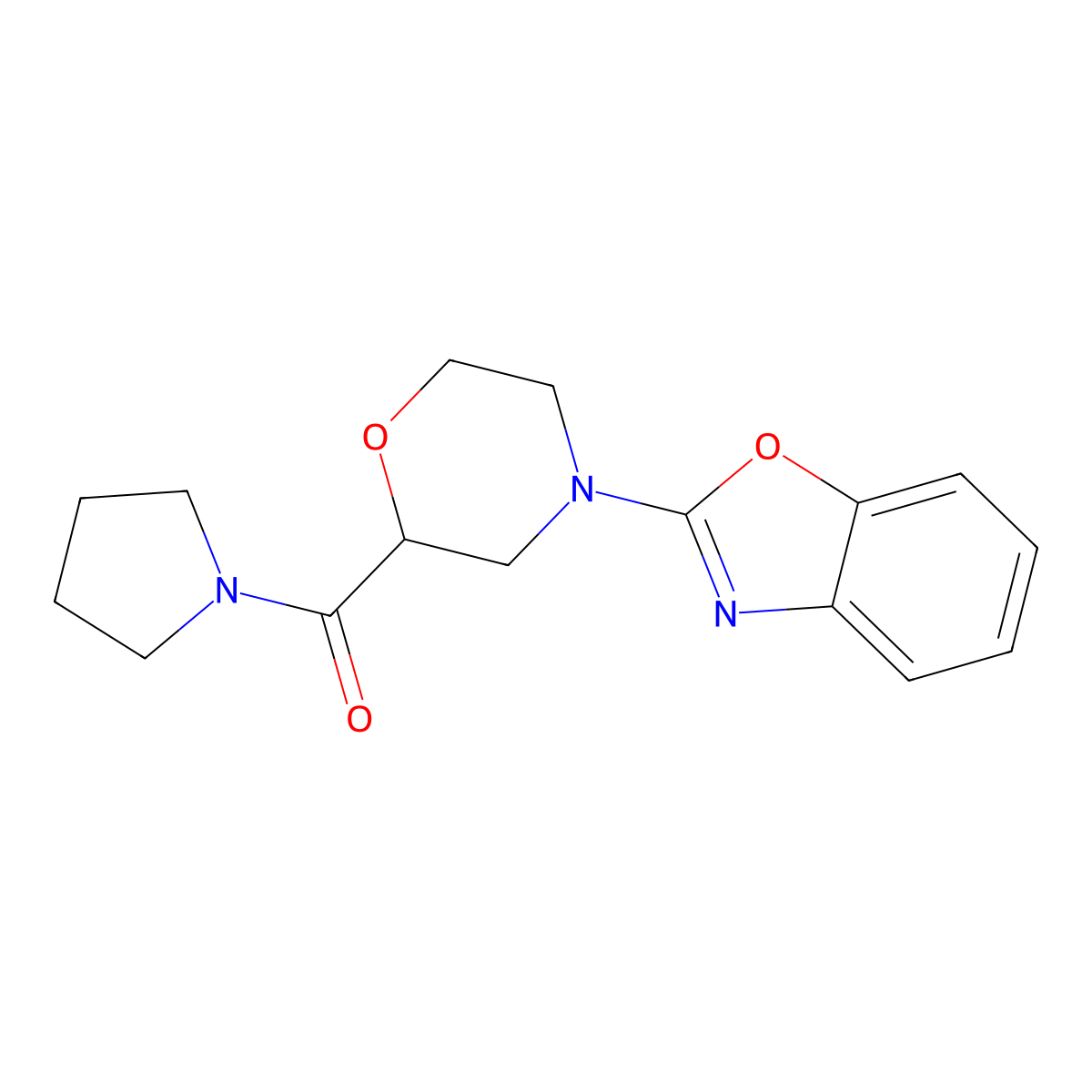 2-[2-(Pyrrolidine-1-carbonyl)morpholin-4-yl]-1,3-benzoxazole molecular structure, CAS 2640957-87-3