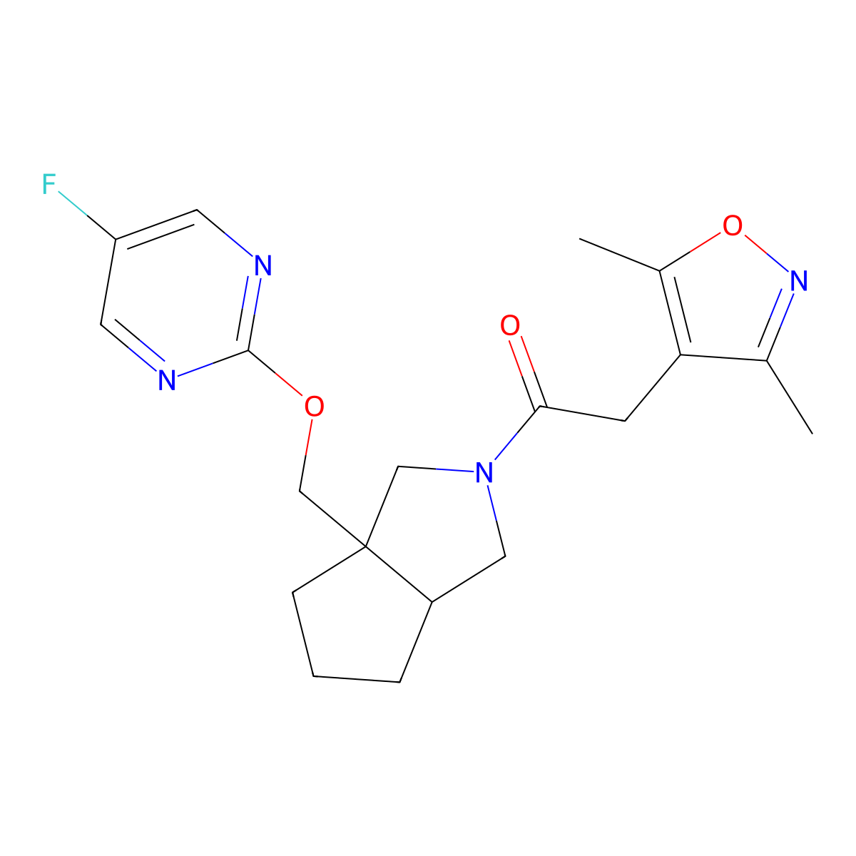 1-(3a-{[(5-Fluoropyrimidin-2-yl)oxy]methyl}-octahydrocyclopenta[c]pyrrol-2-yl)-2-(3,5-dimethyl-1,2-oxazol-4-yl)ethan-1-one molecular structure, CAS 2640957-88-4