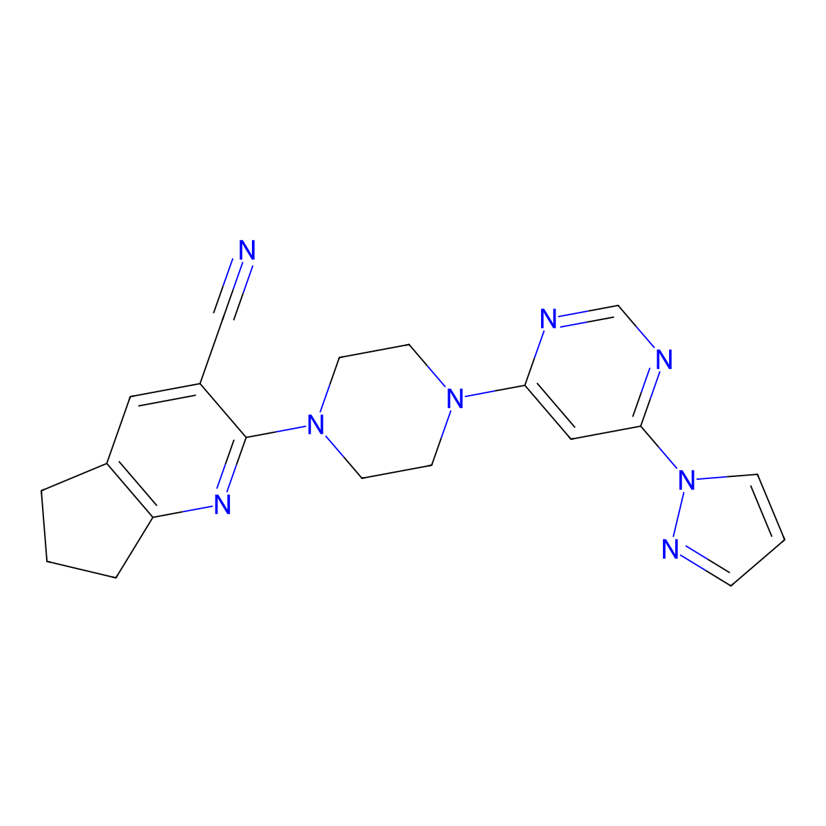 2-{4-[6-(1H-pyrazol-1-yl)pyrimidin-4-yl]piperazin-1-yl}-5H,6H,7H-cyclopenta[b]pyridine-3-carbonitrile molecular structure, CAS 2640957-91-9