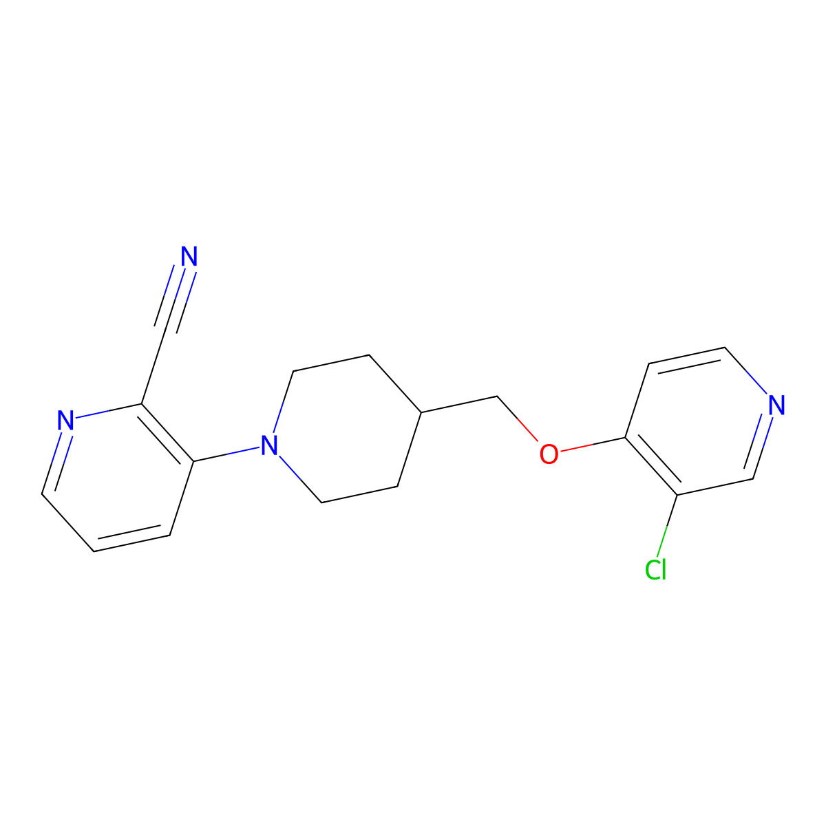 3-(4-{[(3-Chloropyridin-4-yl)oxy]methyl}piperidin-1-yl)pyridine-2-carbonitrile molecular structure, CAS 2640957-99-7
