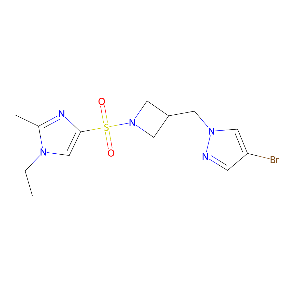 4-({3-[(4-bromo-1H-pyrazol-1-yl)methyl]azetidin-1-yl}sulfonyl)-1-ethyl-2-methyl-1H-imidazole molecular structure, CAS 2640958-02-5