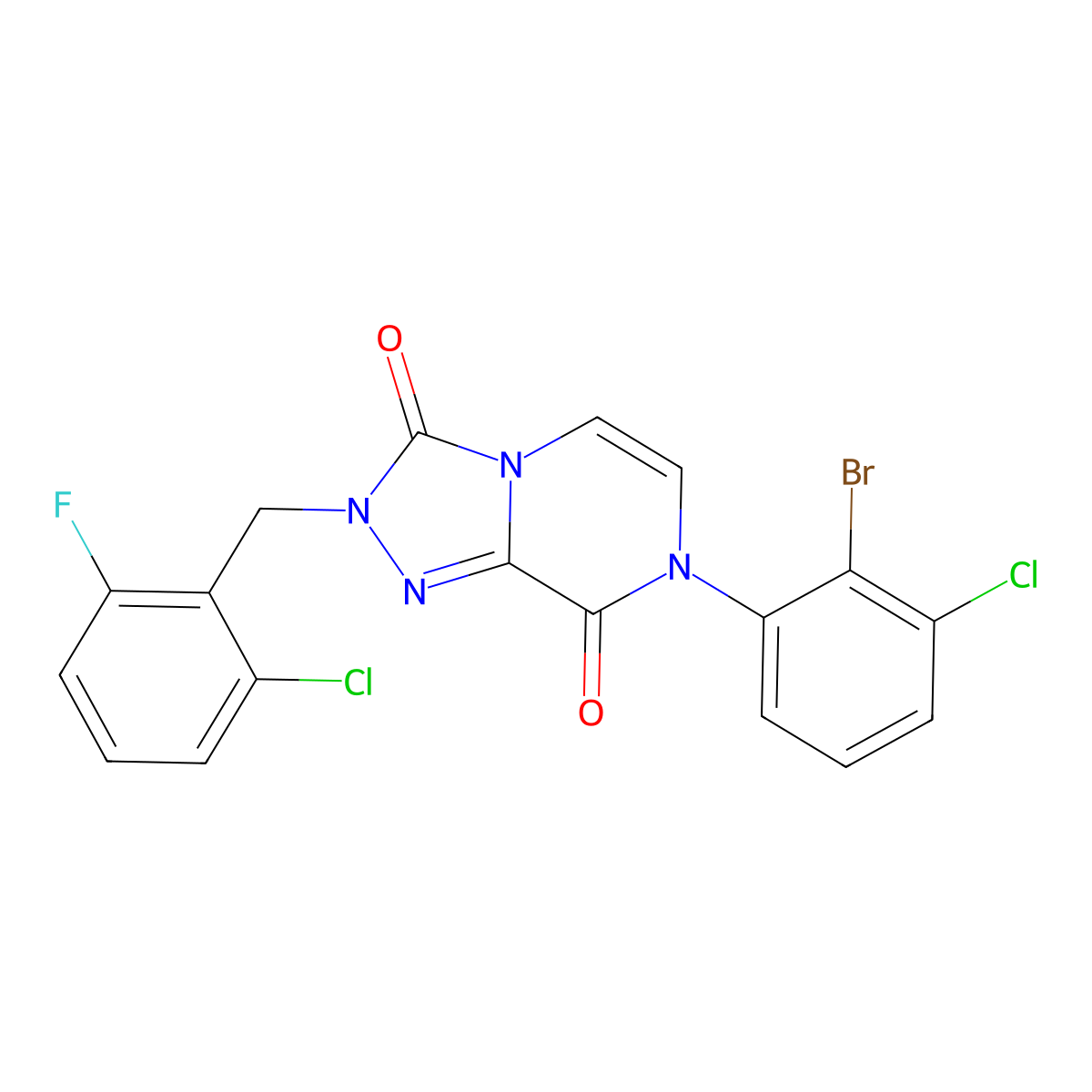 7-(2-bromo-3-chlorophenyl)-2-[(2-chloro-6-fluorophenyl)methyl]-2H,3H,7H,8H-[1,2,4]triazolo[4,3-a]pyrazine-3,8-dione molecular structure, CAS 2640958-04-7