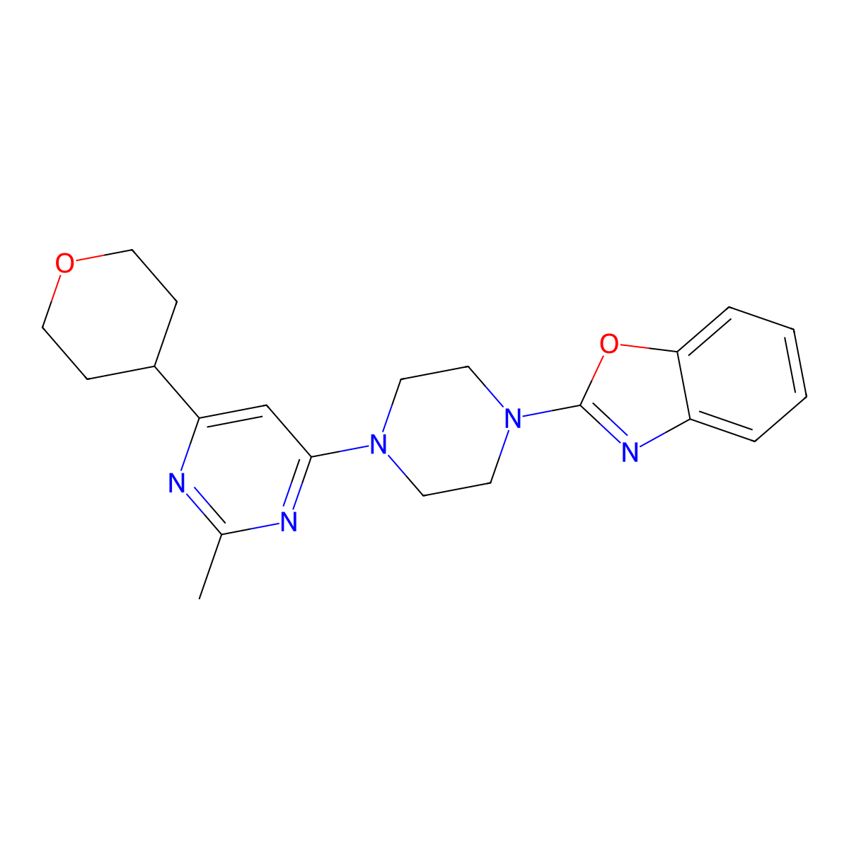 2-{4-[2-Methyl-6-(oxan-4-yl)pyrimidin-4-yl]piperazin-1-yl}-1,3-benzoxazole molecular structure, CAS 2640958-06-9