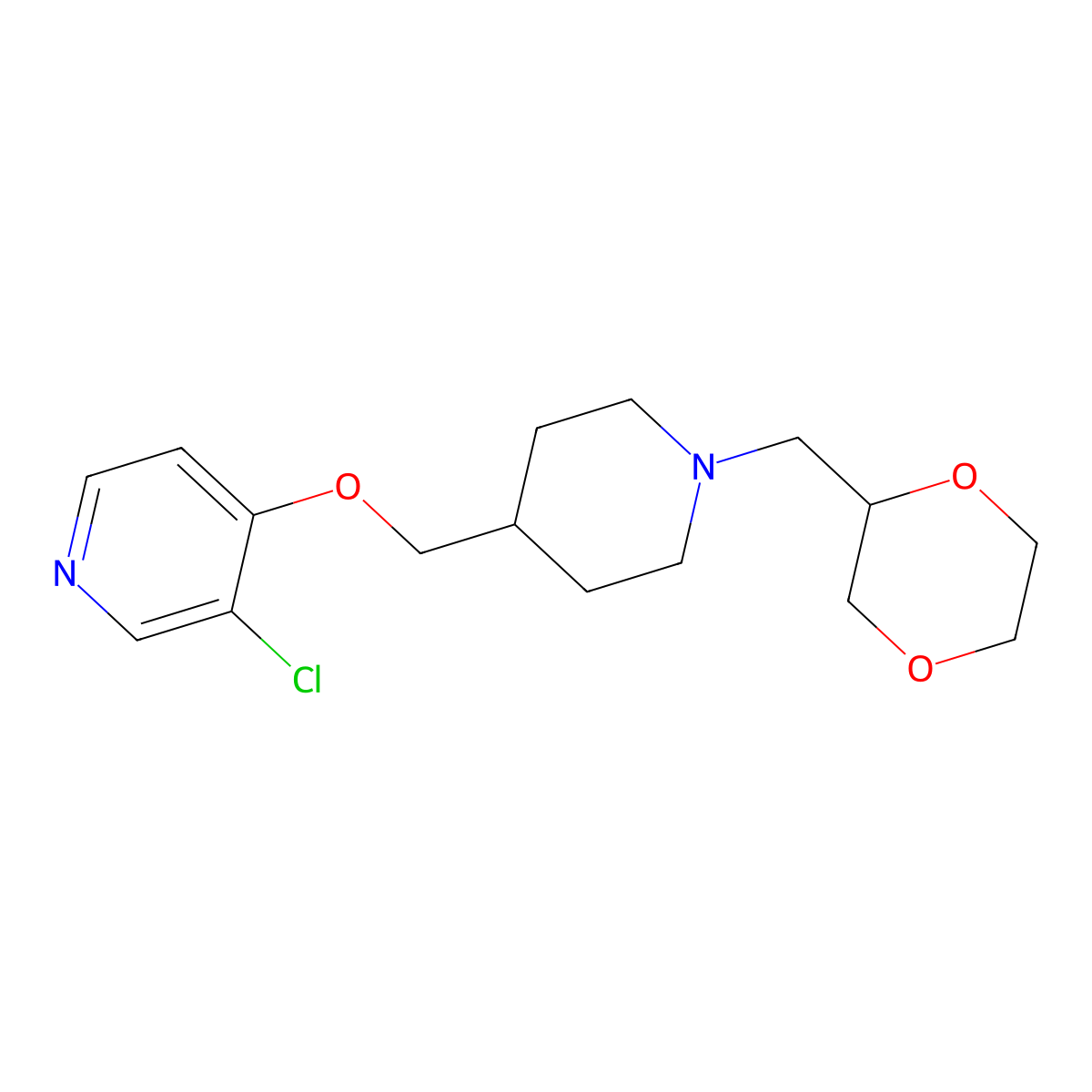 3-Chloro-4-({1-[(1,4-dioxan-2-yl)methyl]piperidin-4-yl}methoxy)pyridine molecular structure, CAS 2640958-09-2