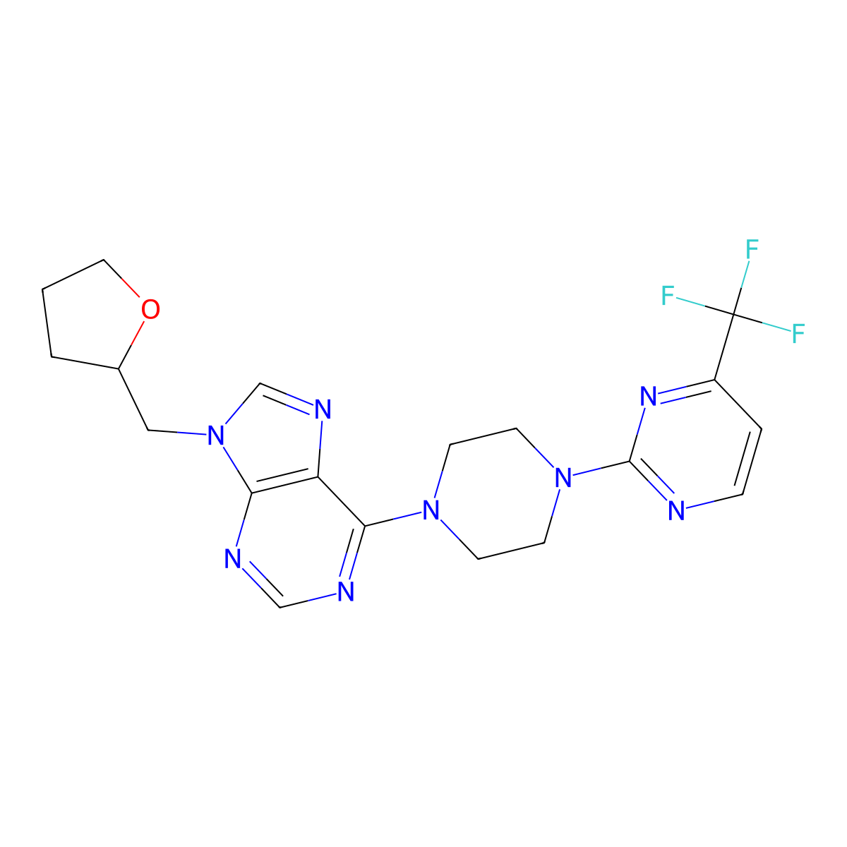 9-[(oxolan-2-yl)methyl]-6-{4-[4-(trifluoromethyl)pyrimidin-2-yl]piperazin-1-yl}-9H-purine molecular structure, CAS 2640958-13-8
