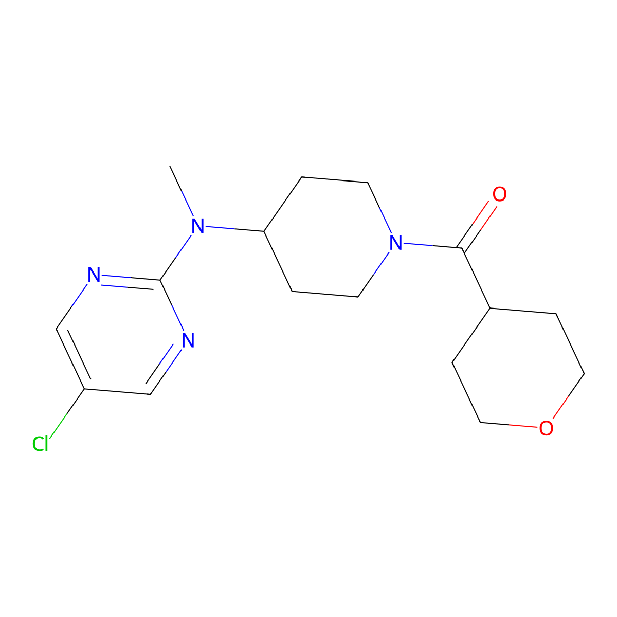5-chloro-N-methyl-N-[1-(oxane-4-carbonyl)piperidin-4-yl]pyrimidin-2-amine molecular structure, CAS 2640958-14-9