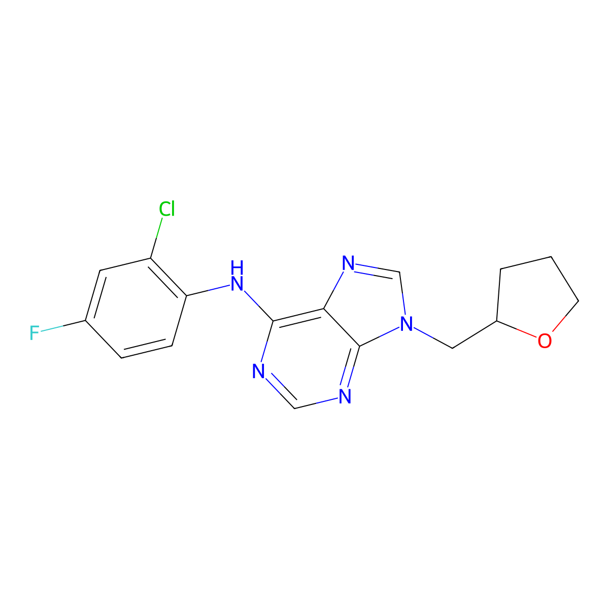 N-(2-chloro-4-fluorophenyl)-9-[(oxolan-2-yl)methyl]-9H-purin-6-amine molecular structure, CAS 2640958-18-3