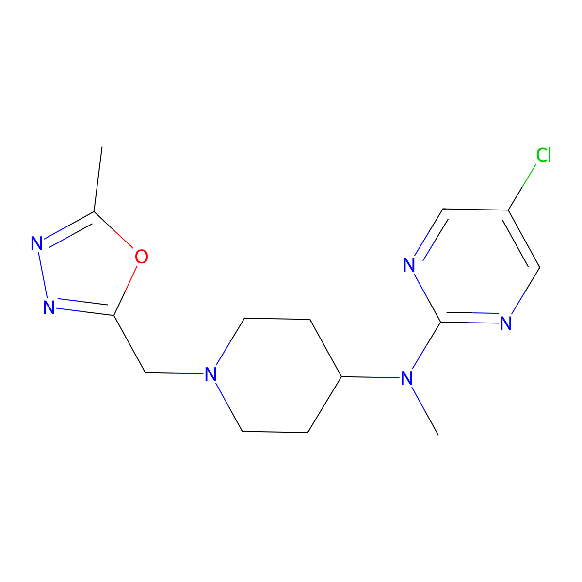 5-chloro-N-methyl-N-{1-[(5-methyl-1,3,4-oxadiazol-2-yl)methyl]piperidin-4-yl}pyrimidin-2-amine molecular structure, CAS 2640958-24-1
