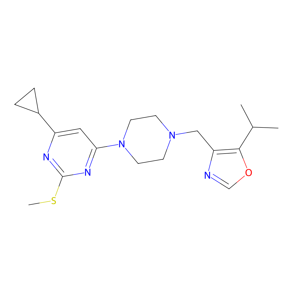 4-Cyclopropyl-2-(methylsulfanyl)-6-(4-{[5-(propan-2-yl)-1,3-oxazol-4-yl]methyl}piperazin-1-yl)pyrimidine molecular structure, CAS 2640958-25-2