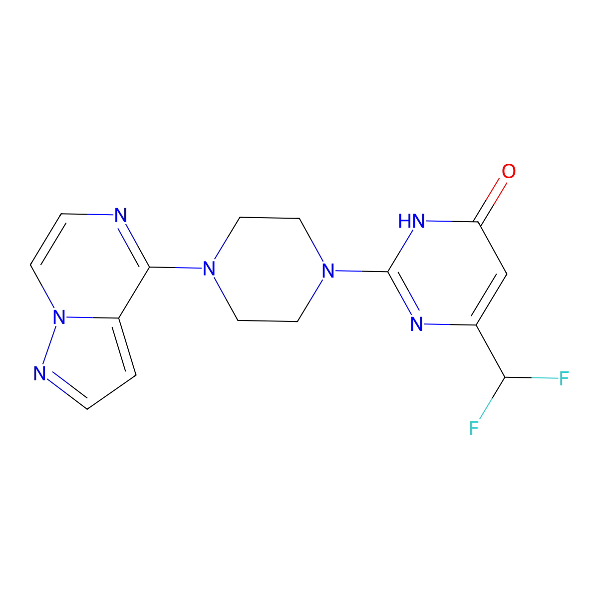6-(Difluoromethyl)-2-(4-{pyrazolo[1,5-a]pyrazin-4-yl}piperazin-1-yl)-3,4-dihydropyrimidin-4-one molecular structure, CAS 2640958-38-7