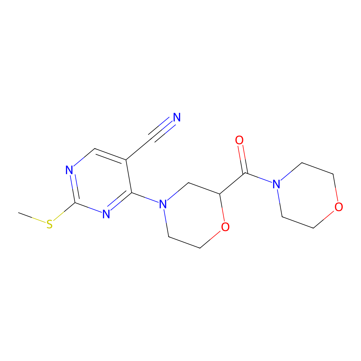 2-(Methylsulfanyl)-4-[2-(morpholine-4-carbonyl)morpholin-4-yl]pyrimidine-5-carbonitrile molecular structure, CAS 2640958-42-3
