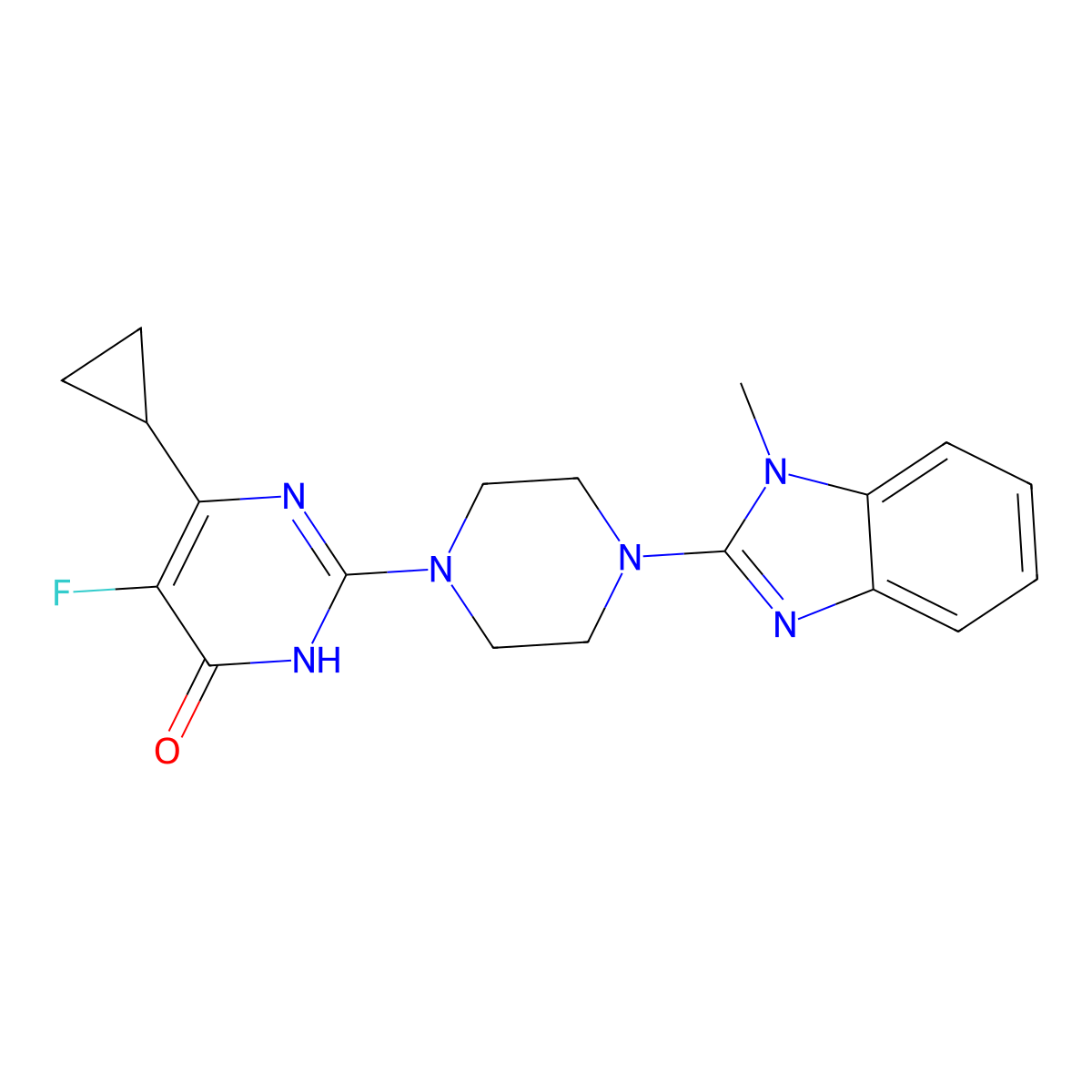 6-cyclopropyl-5-fluoro-2-[4-(1-methyl-1H-1,3-benzodiazol-2-yl)piperazin-1-yl]-3,4-dihydropyrimidin-4-one molecular structure, CAS 2640958-43-4