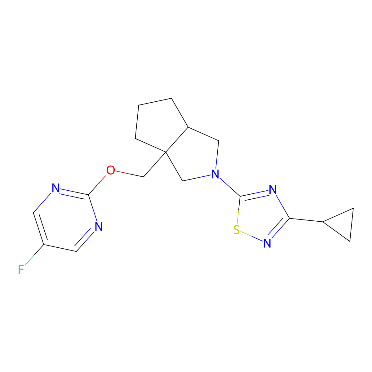 2-{[2-(3-Cyclopropyl-1,2,4-thiadiazol-5-yl)-octahydrocyclopenta[c]pyrrol-3a-yl]methoxy}-5-fluoropyrimidine molecular structure, CAS 2640958-46-7