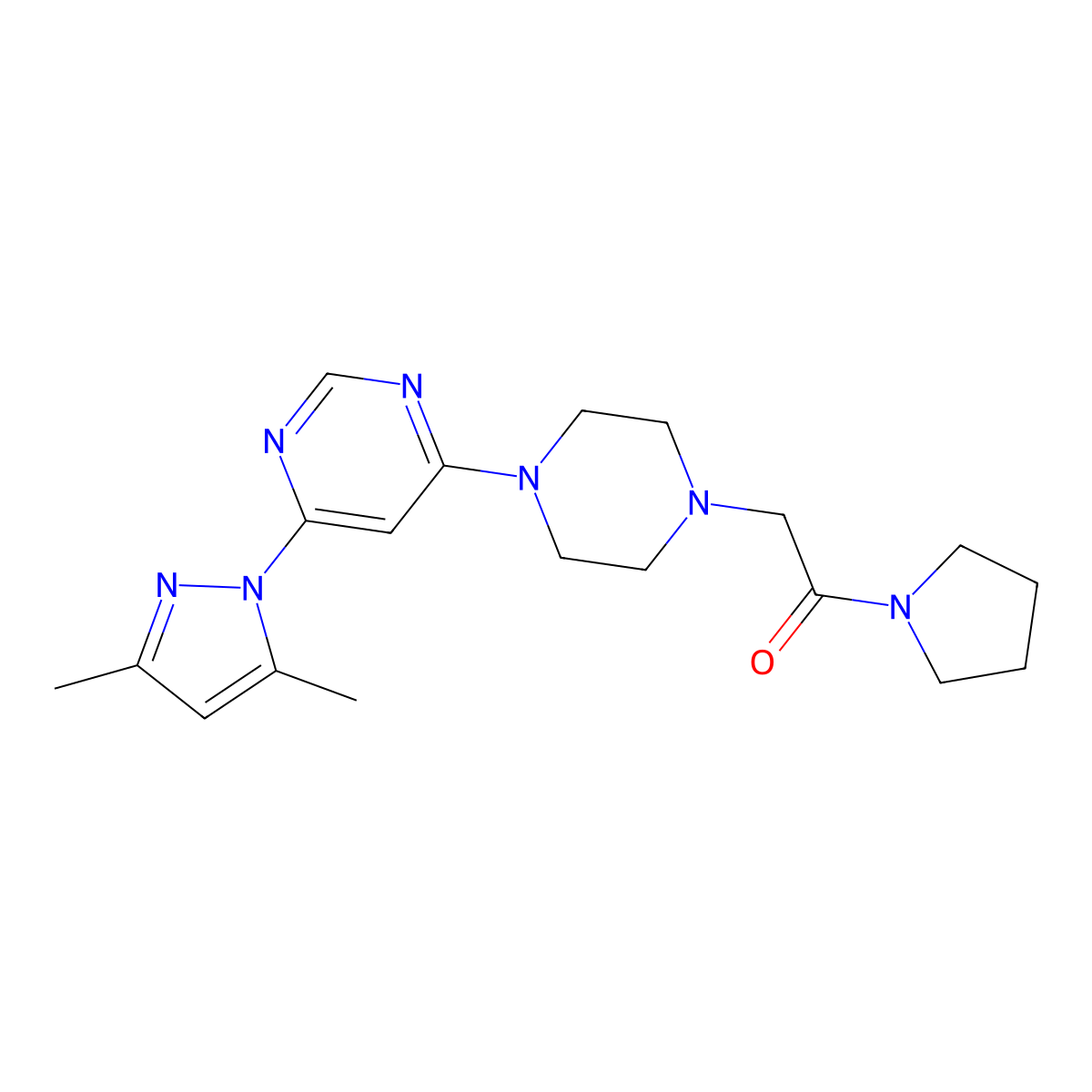 2-{4-[6-(3,5-dimethyl-1H-pyrazol-1-yl)pyrimidin-4-yl]piperazin-1-yl}-1-(pyrrolidin-1-yl)ethan-1-one molecular structure, CAS 2640958-52-5