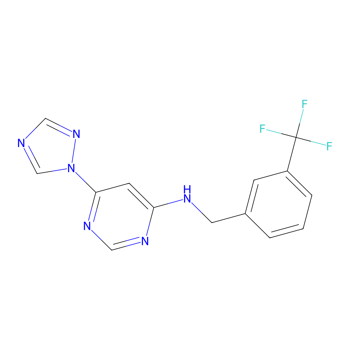 6-(1H-1,2,4-triazol-1-yl)-N-{[3-(trifluoromethyl)phenyl]methyl}pyrimidin-4-amine molecular structure, CAS 2640958-56-9