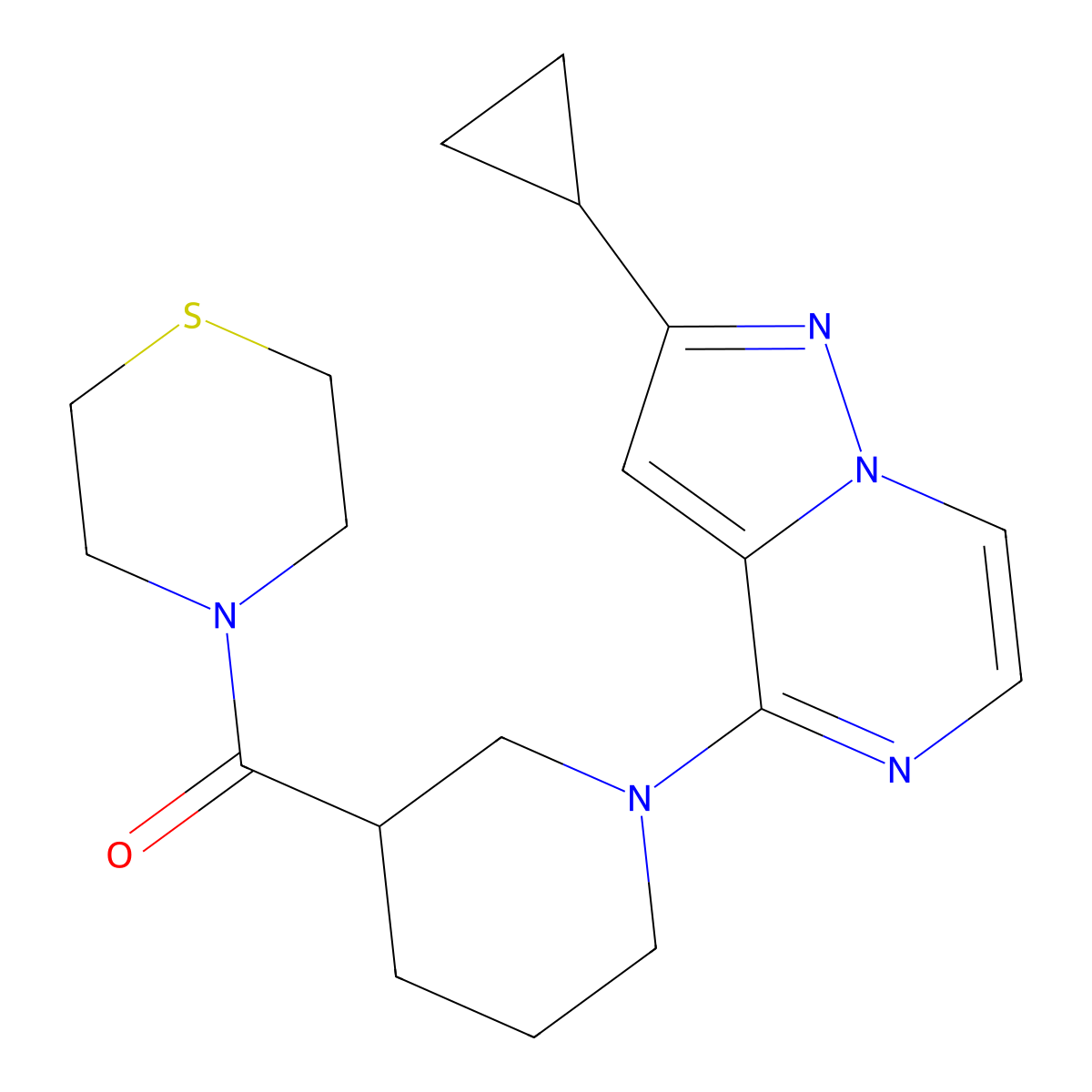 4-(1-{2-Cyclopropylpyrazolo[1,5-a]pyrazin-4-yl}piperidine-3-carbonyl)thiomorpholine molecular structure, CAS 2640958-60-5