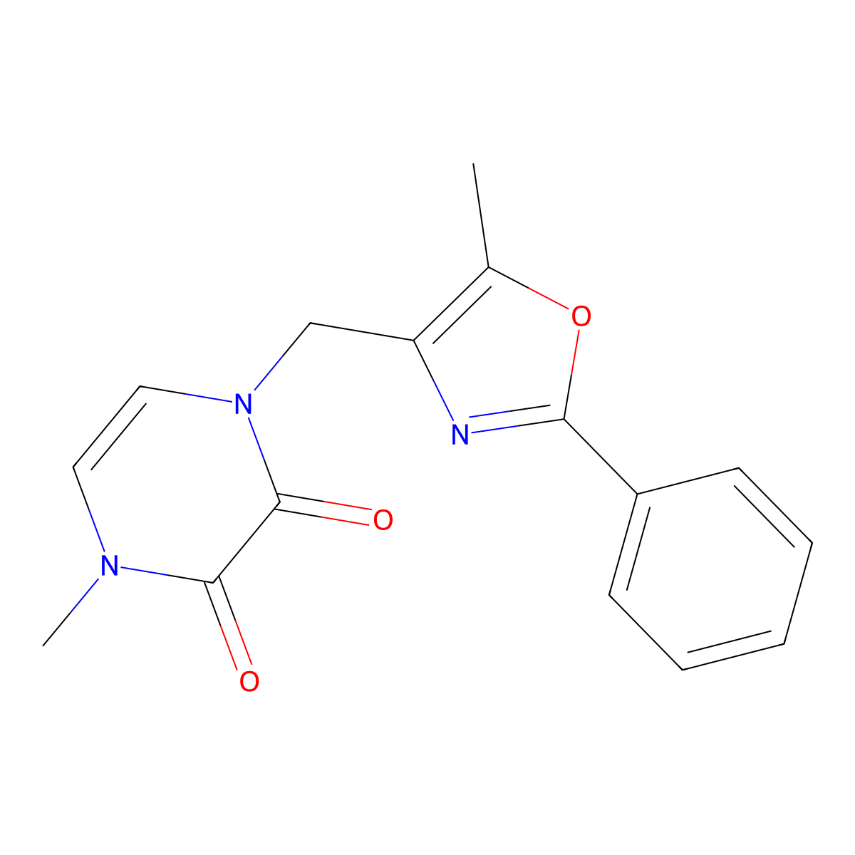 1-Methyl-4-[(5-methyl-2-phenyl-1,3-oxazol-4-yl)methyl]-1,2,3,4-tetrahydropyrazine-2,3-dione molecular structure, CAS 2640958-63-8