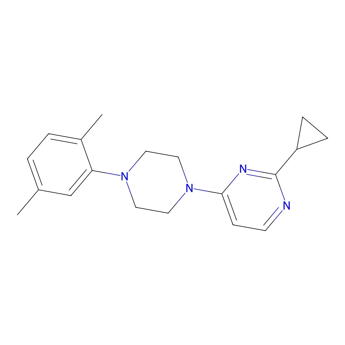 2-Cyclopropyl-4-[4-(2,5-dimethylphenyl)piperazin-1-yl]pyrimidine molecular structure, CAS 2640958-64-9