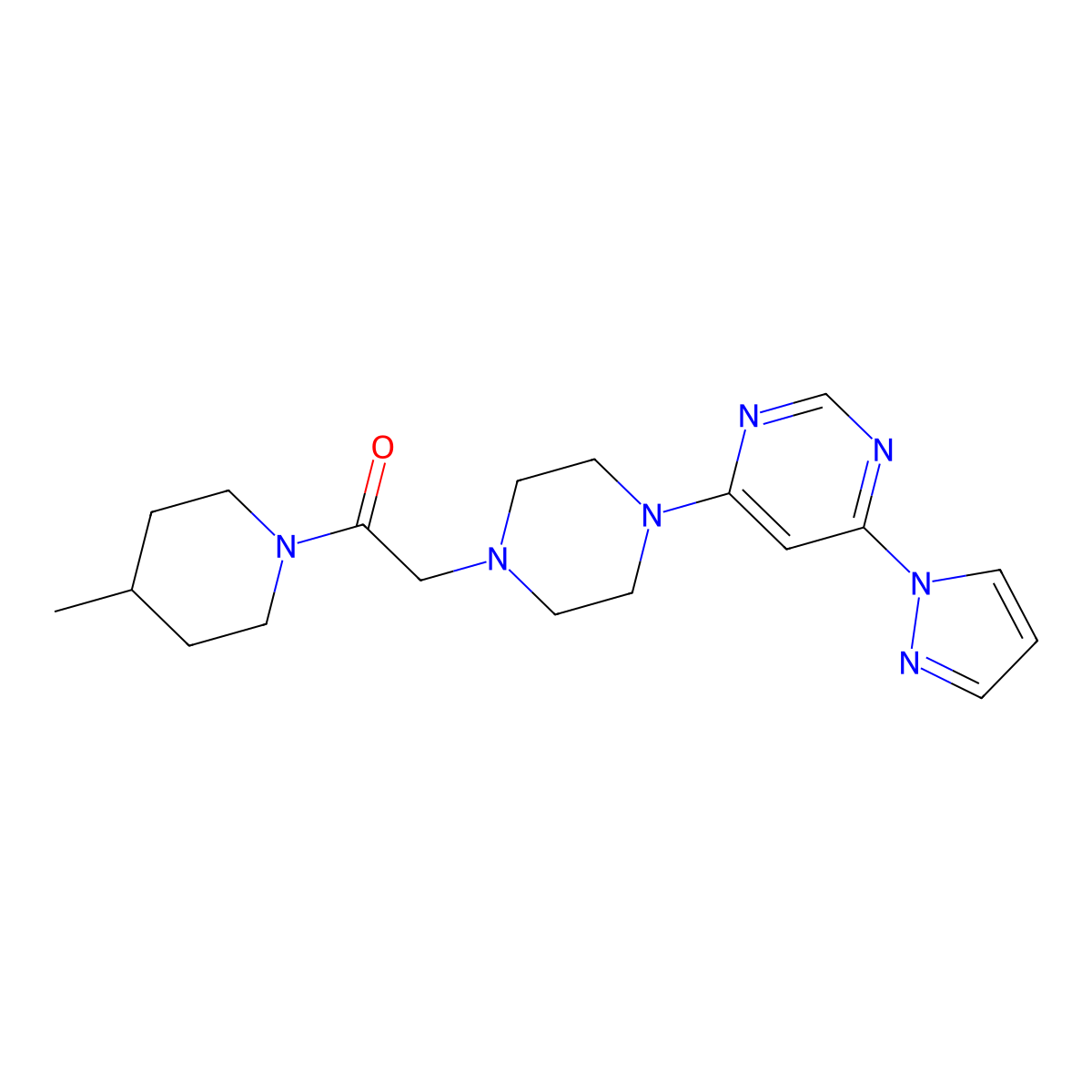 1-(4-methylpiperidin-1-yl)-2-{4-[6-(1H-pyrazol-1-yl)pyrimidin-4-yl]piperazin-1-yl}ethan-1-one molecular structure, CAS 2640958-66-1