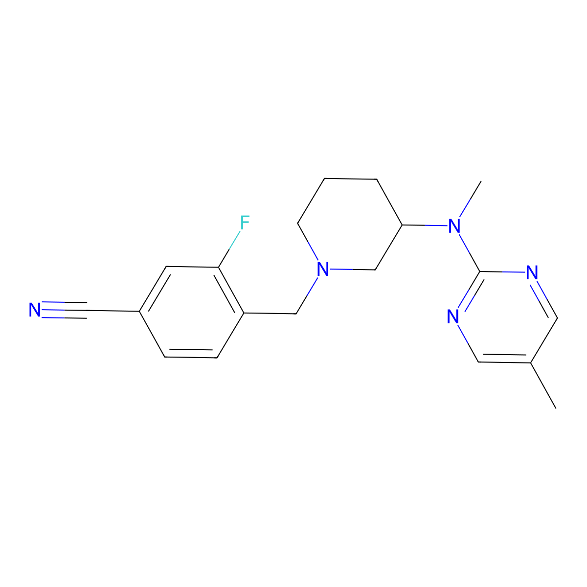 3-Fluoro-4-({3-[methyl(5-methylpyrimidin-2-yl)amino]piperidin-1-yl}methyl)benzonitrile molecular structure, CAS 2640958-69-4