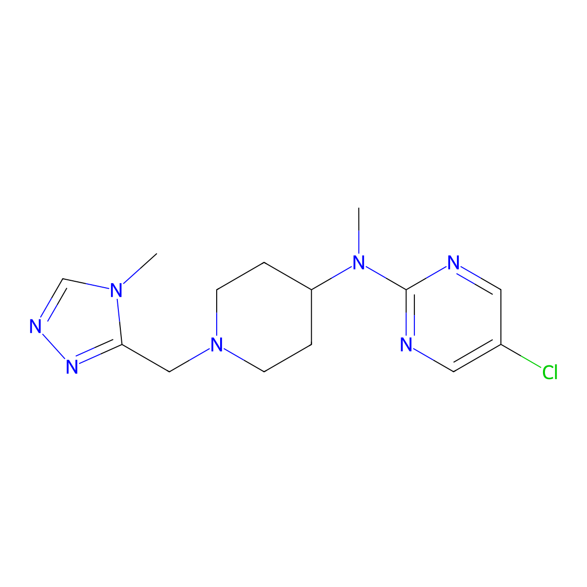 5-chloro-N-methyl-N-{1-[(4-methyl-4H-1,2,4-triazol-3-yl)methyl]piperidin-4-yl}pyrimidin-2-amine molecular structure, CAS 2640958-71-8