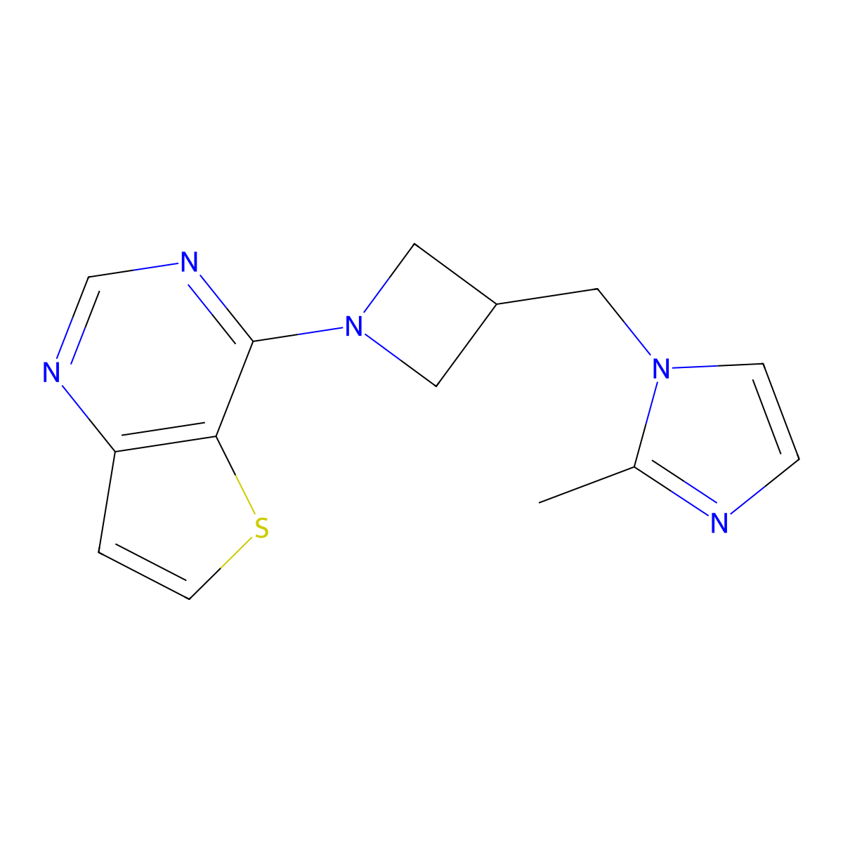 2-methyl-1-[(1-{thieno[3,2-d]pyrimidin-4-yl}azetidin-3-yl)methyl]-1H-imidazole molecular structure, CAS 2640958-83-2