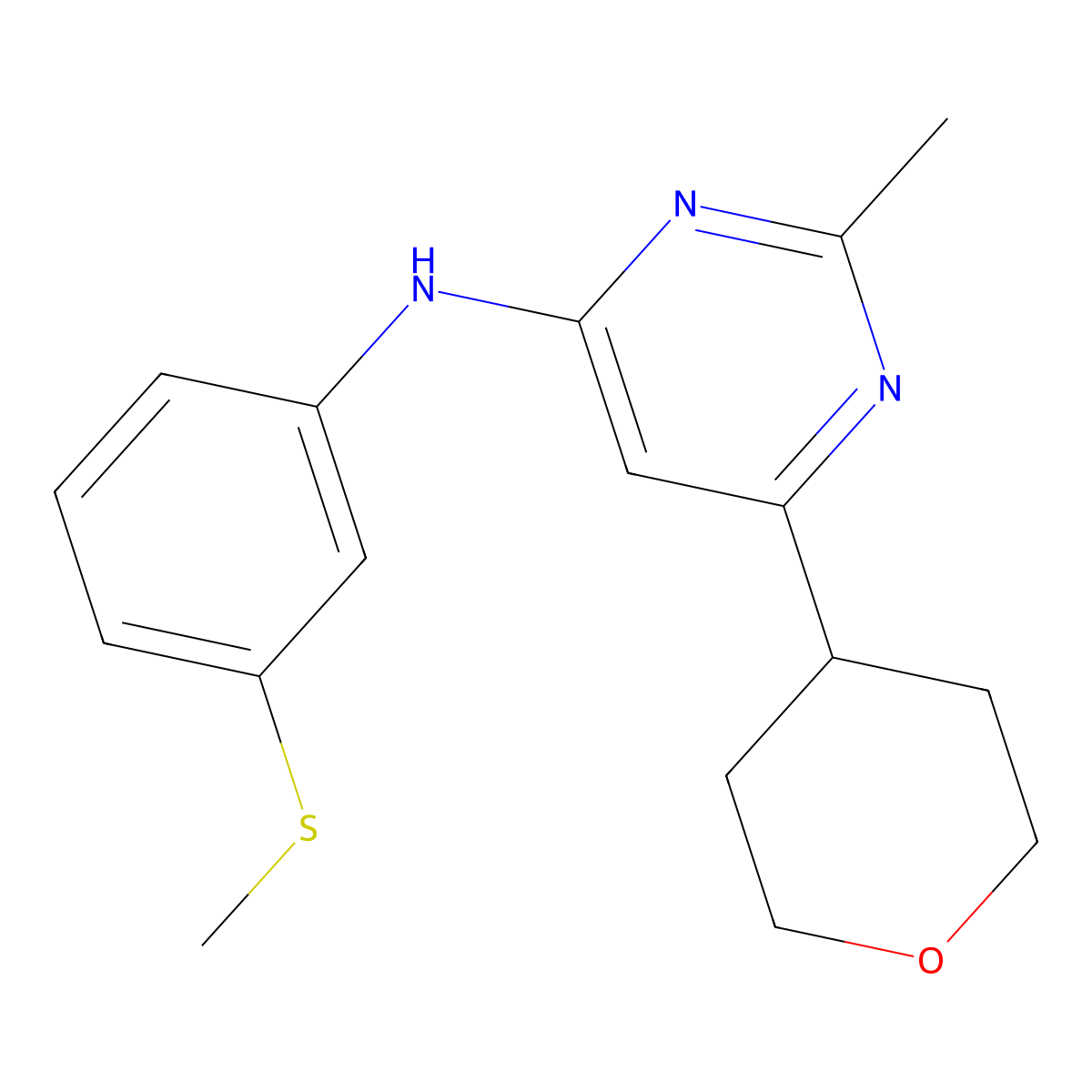 2-methyl-N-[3-(methylsulfanyl)phenyl]-6-(oxan-4-yl)pyrimidin-4-amine molecular structure, CAS 2640958-91-2