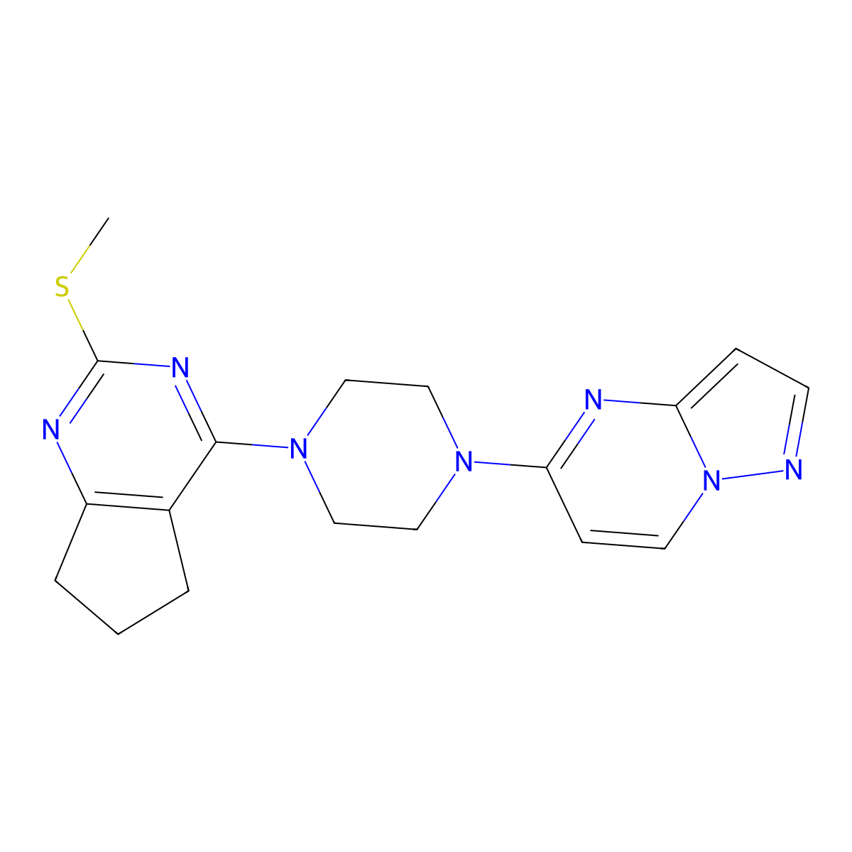 1-[2-(methylsulfanyl)-5H,6H,7H-cyclopenta[d]pyrimidin-4-yl]-4-{pyrazolo[1,5-a]pyrimidin-5-yl}piperazine molecular structure, CAS 2640958-92-3