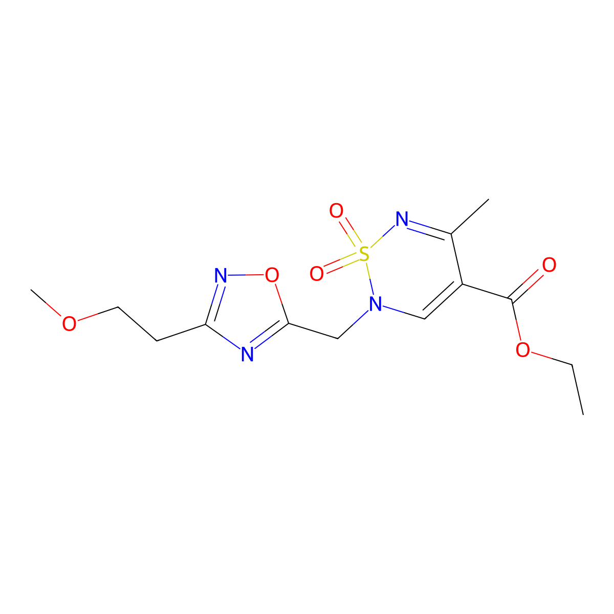 ethyl 2-{[3-(2-methoxyethyl)-1,2,4-oxadiazol-5-yl]methyl}-5-methyl-1,1-dioxo-2H-1lambda6,2,6-thiadiazine-4-carboxylate molecular structure, CAS 2640958-93-4