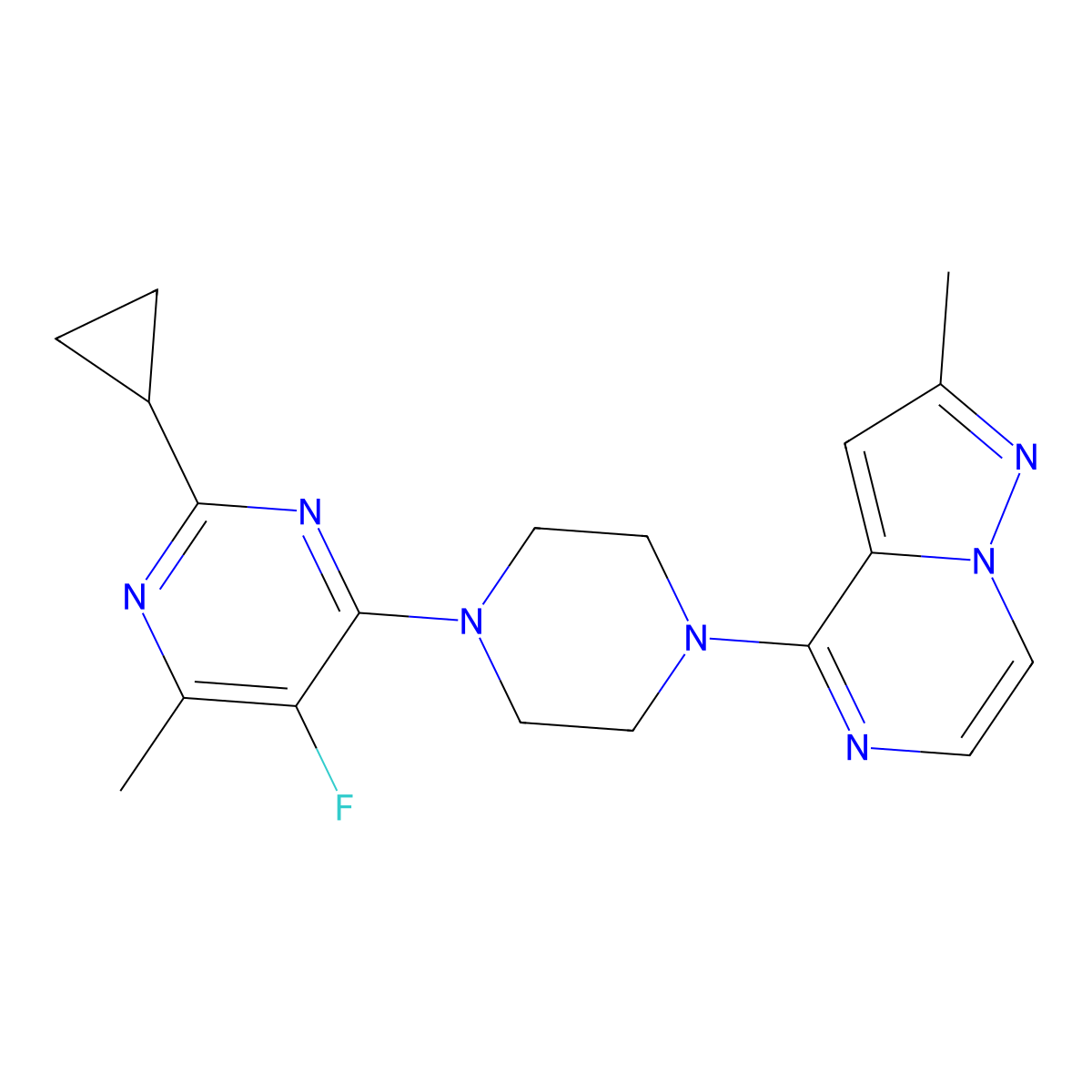 2-Cyclopropyl-5-fluoro-4-methyl-6-(4-{2-methylpyrazolo[1,5-a]pyrazin-4-yl}piperazin-1-yl)pyrimidine molecular structure, CAS 2640958-96-7