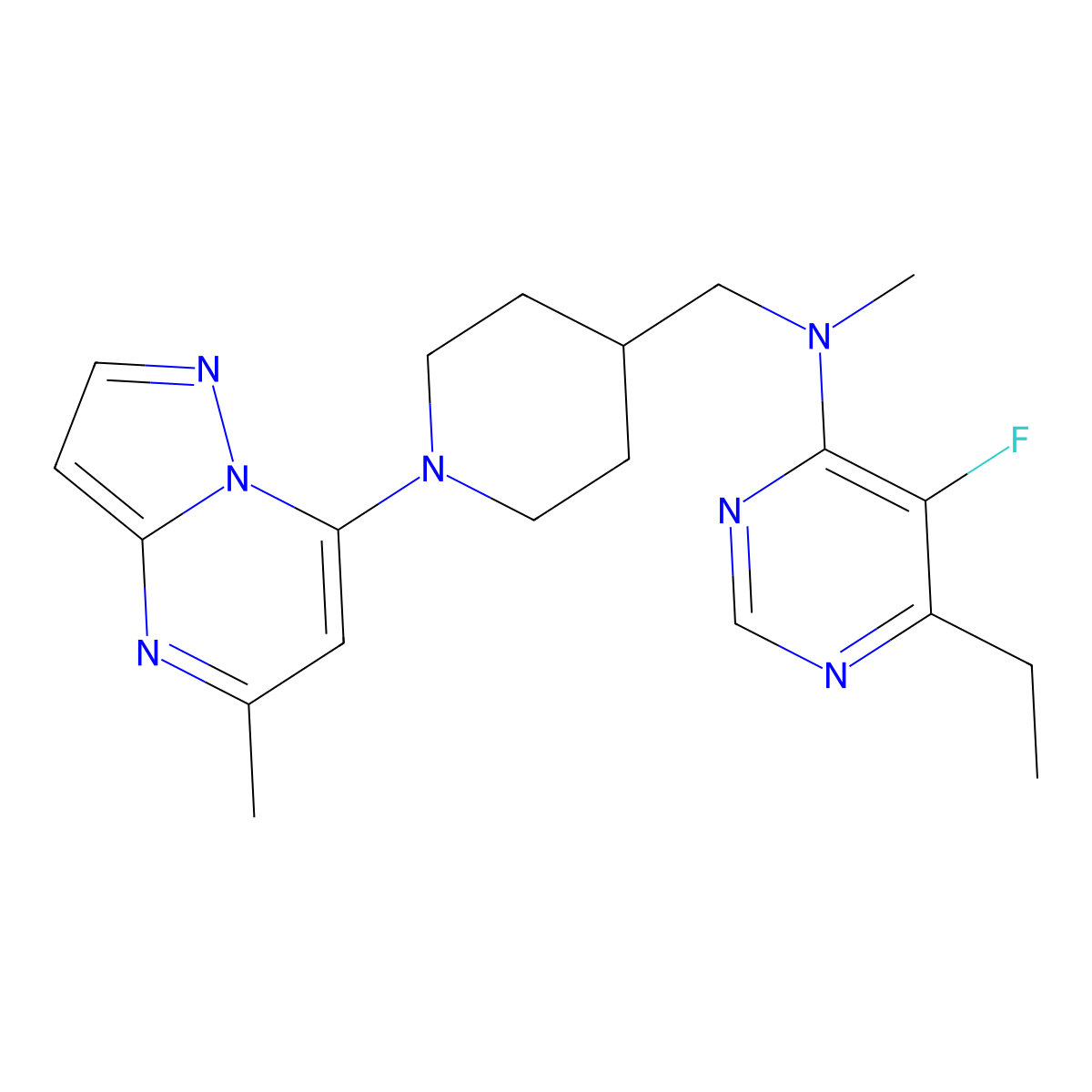 6-ethyl-5-fluoro-N-methyl-N-[(1-{5-methylpyrazolo[1,5-a]pyrimidin-7-yl}piperidin-4-yl)methyl]pyrimidin-4-amine molecular structure, CAS 2640958-97-8