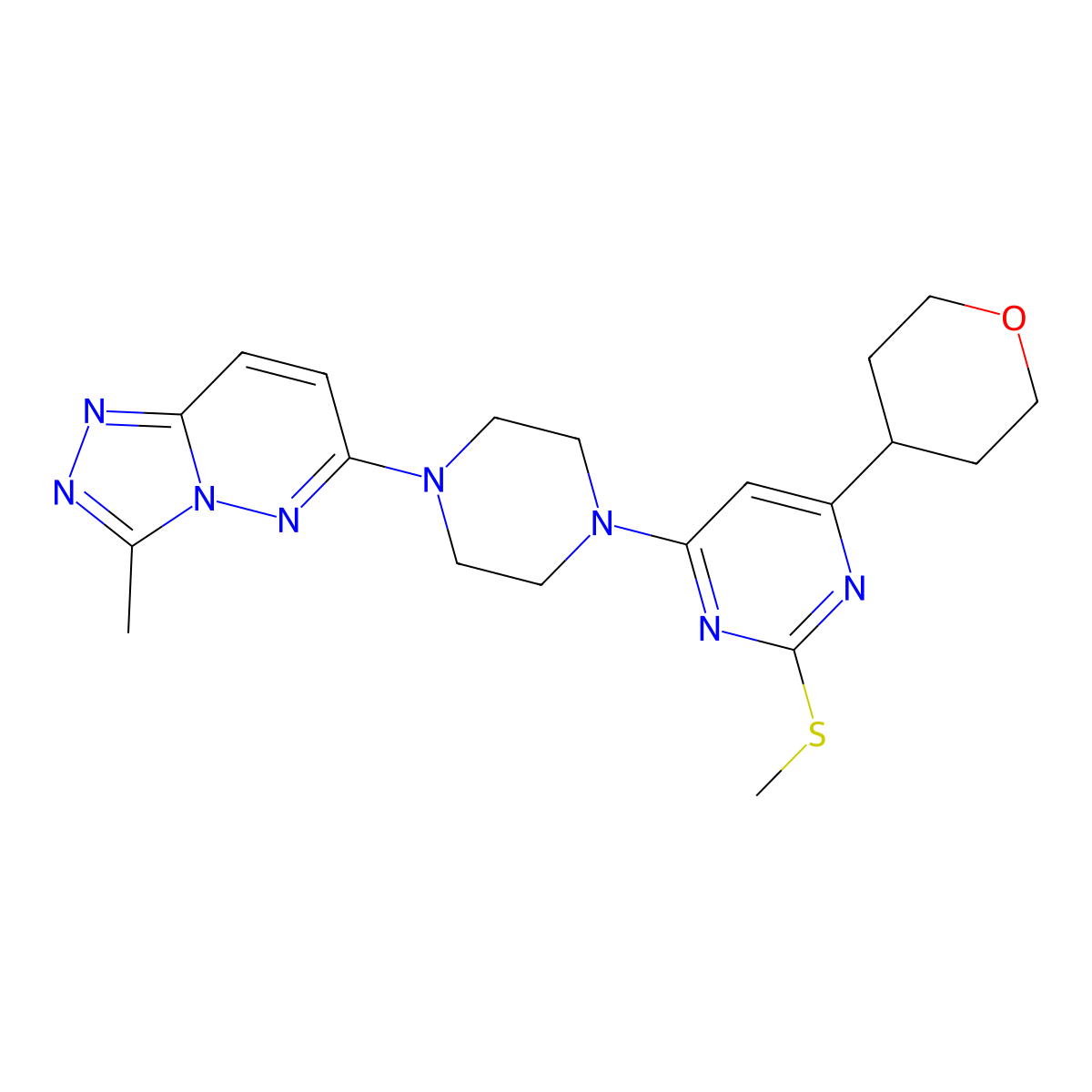 4-(4-{3-Methyl-[1,2,4]triazolo[4,3-b]pyridazin-6-yl}piperazin-1-yl)-2-(methylsulfanyl)-6-(oxan-4-yl)pyrimidine molecular structure, CAS 2640958-98-9