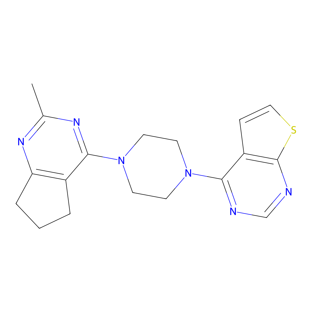 1-{2-methyl-5H,6H,7H-cyclopenta[d]pyrimidin-4-yl}-4-{thieno[2,3-d]pyrimidin-4-yl}piperazine molecular structure, CAS 2640959-04-0