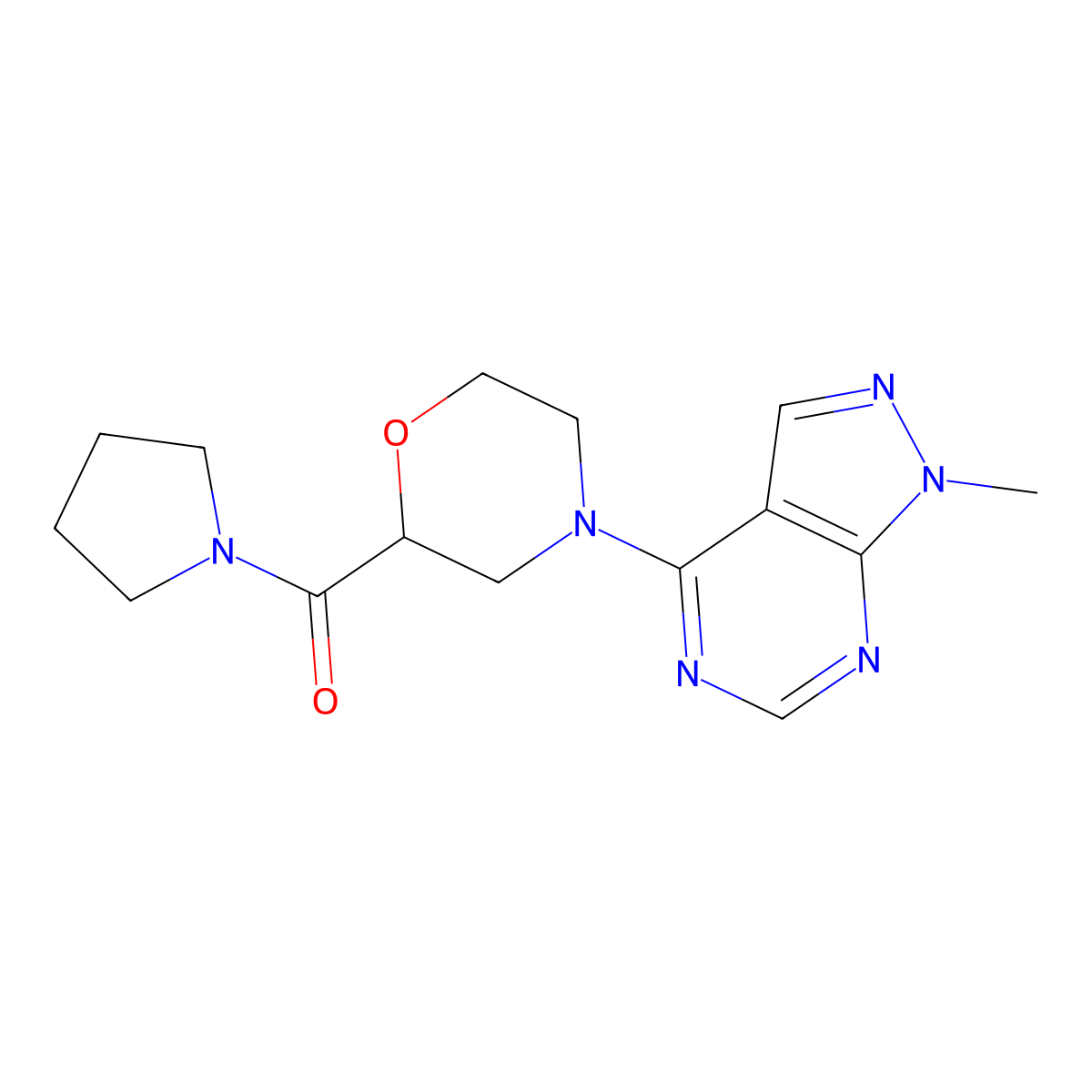 4-{1-methyl-1H-pyrazolo[3,4-d]pyrimidin-4-yl}-2-(pyrrolidine-1-carbonyl)morpholine molecular structure, CAS 2640959-10-8