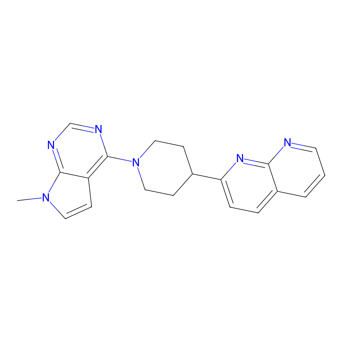 2-(1-{7-methyl-7H-pyrrolo[2,3-d]pyrimidin-4-yl}piperidin-4-yl)-1,8-naphthyridine molecular structure, CAS 2640959-11-9