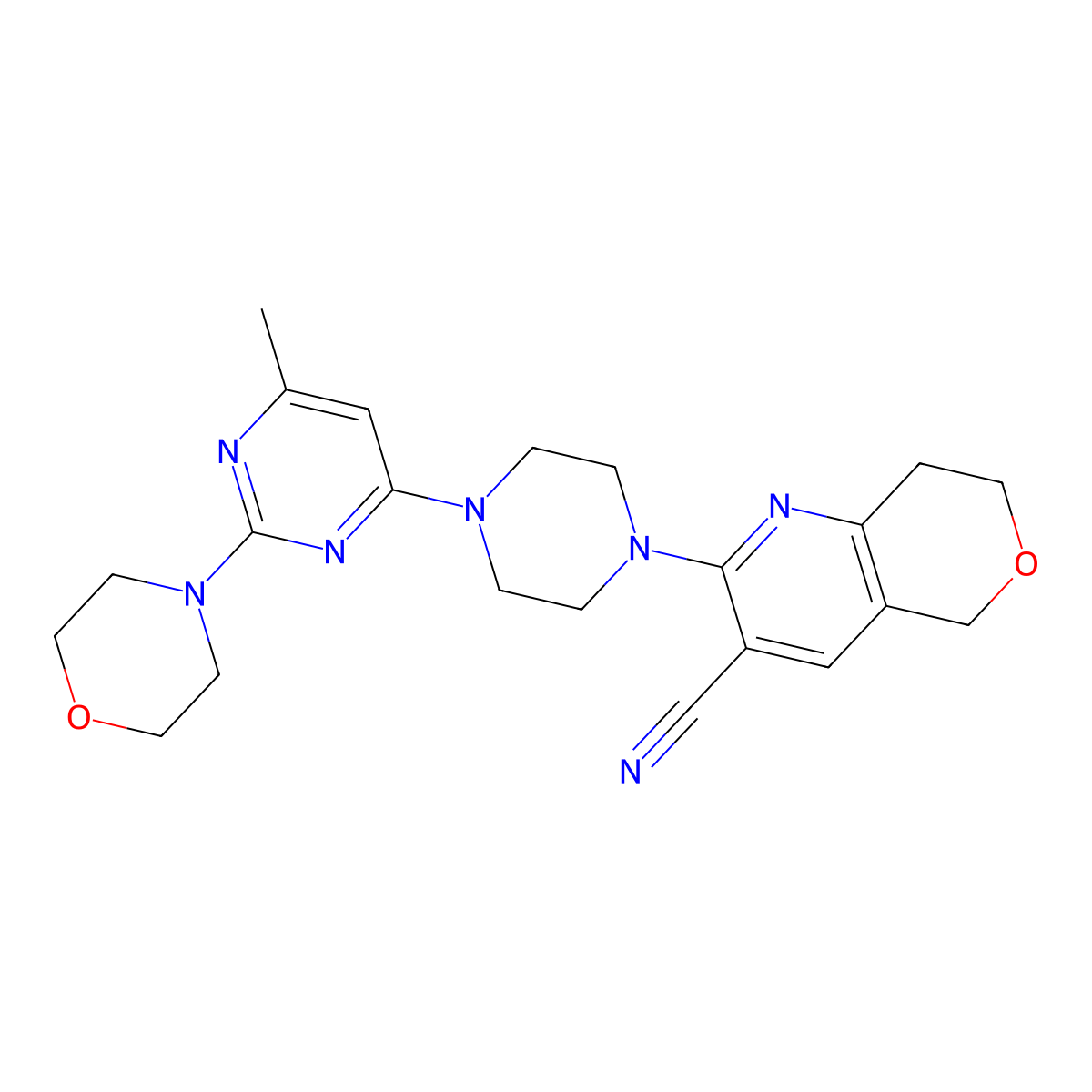 2-{4-[6-methyl-2-(morpholin-4-yl)pyrimidin-4-yl]piperazin-1-yl}-5H,7H,8H-pyrano[4,3-b]pyridine-3-carbonitrile molecular structure, CAS 2640959-12-0