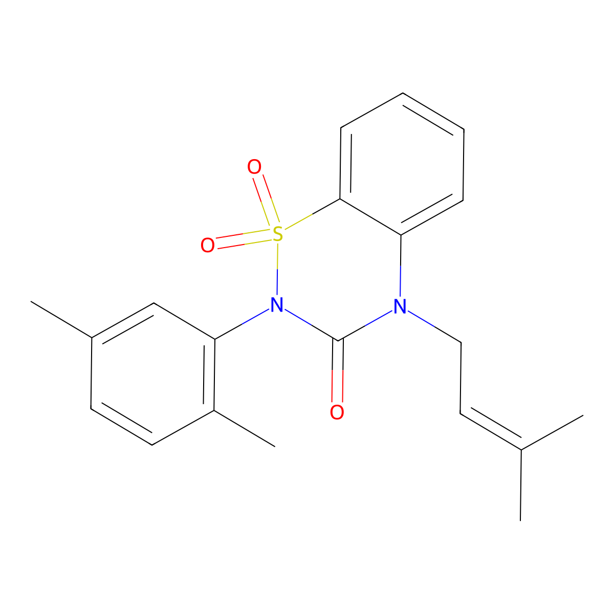 2-(2,5-Dimethylphenyl)-4-(3-methylbut-2-enyl)-1,1-dioxo-1lambda6,2,4-benzothiadiazin-3-one molecular structure, CAS 2640959-13-1