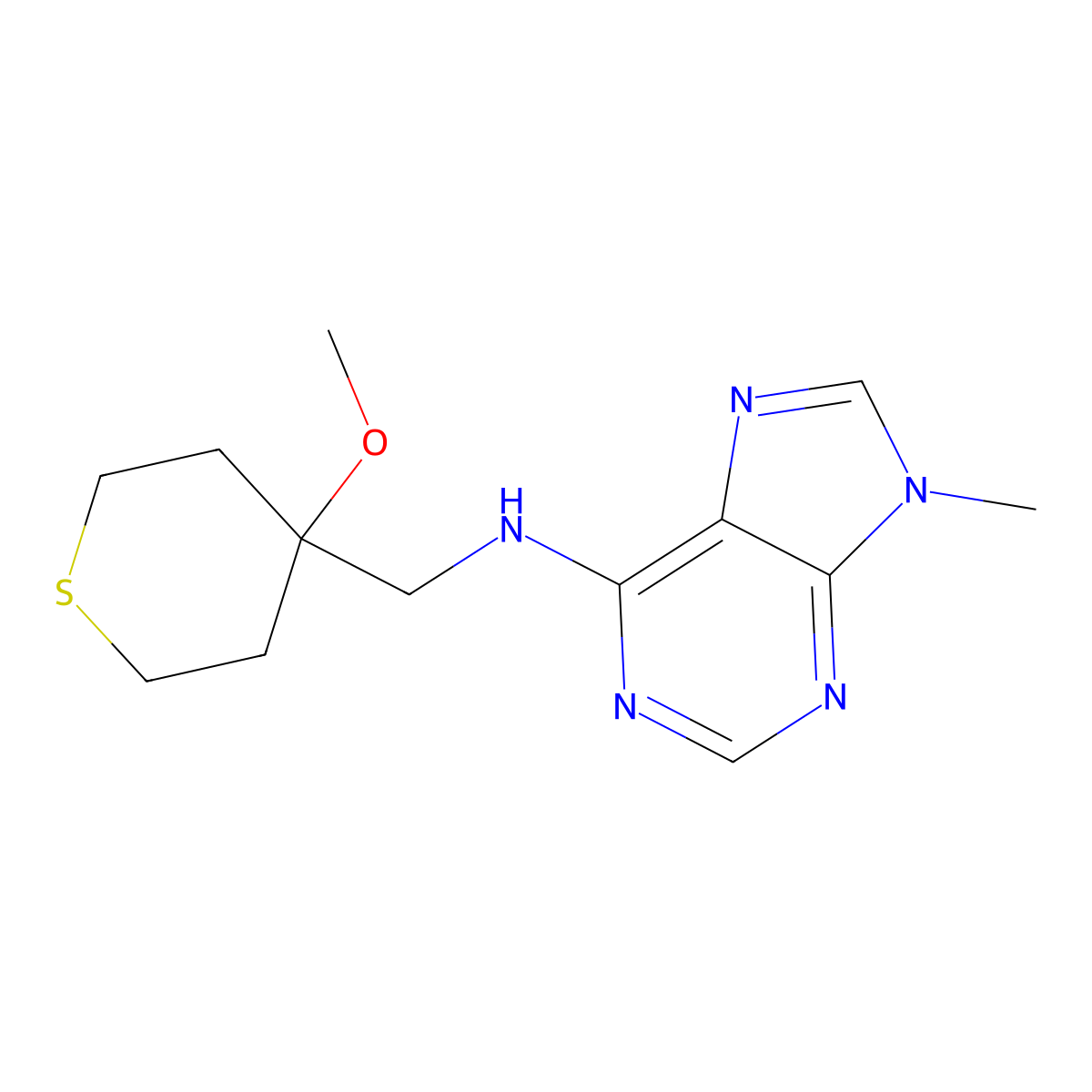 N-[(4-methoxythian-4-yl)methyl]-9-methyl-9H-purin-6-amine molecular structure, CAS 2640959-14-2