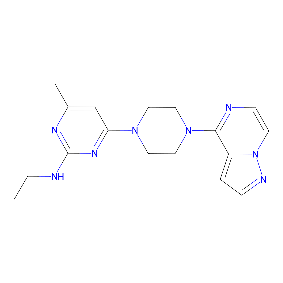 N-ethyl-4-methyl-6-(4-{pyrazolo[1,5-a]pyrazin-4-yl}piperazin-1-yl)pyrimidin-2-amine molecular structure, CAS 2640959-18-6