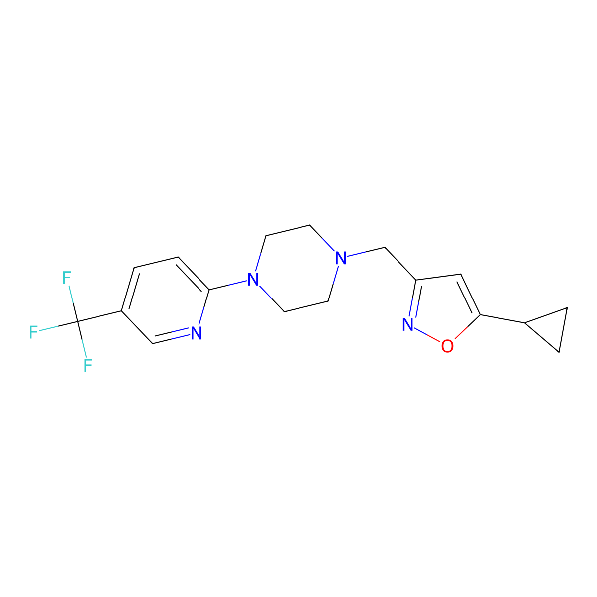 1-[(5-Cyclopropyl-1,2-oxazol-3-yl)methyl]-4-[5-(trifluoromethyl)pyridin-2-yl]piperazine molecular structure, CAS 2640959-20-0