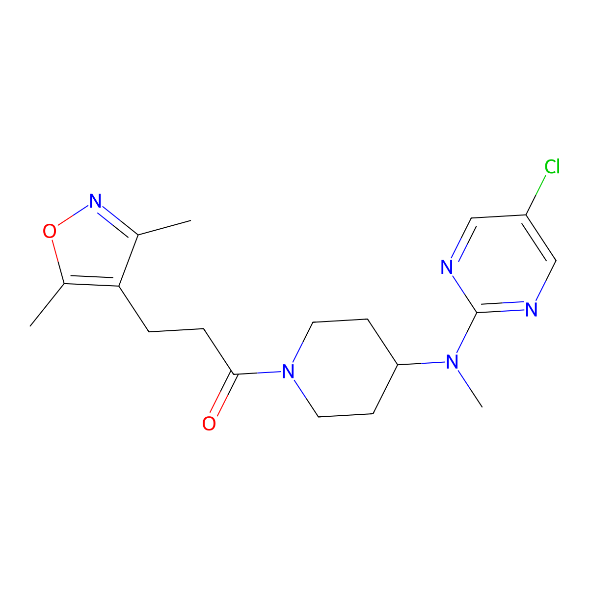 1-{4-[(5-Chloropyrimidin-2-yl)(methyl)amino]piperidin-1-yl}-3-(3,5-dimethyl-1,2-oxazol-4-yl)propan-1-one molecular structure, CAS 2640959-21-1
