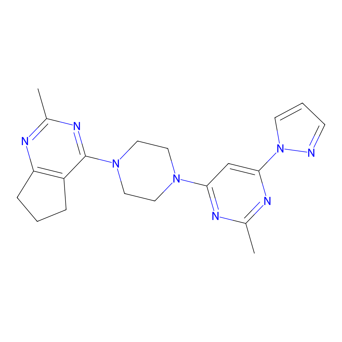 2-methyl-4-(4-{2-methyl-5H,6H,7H-cyclopenta[d]pyrimidin-4-yl}piperazin-1-yl)-6-(1H-pyrazol-1-yl)pyrimidine molecular structure, CAS 2640959-22-2