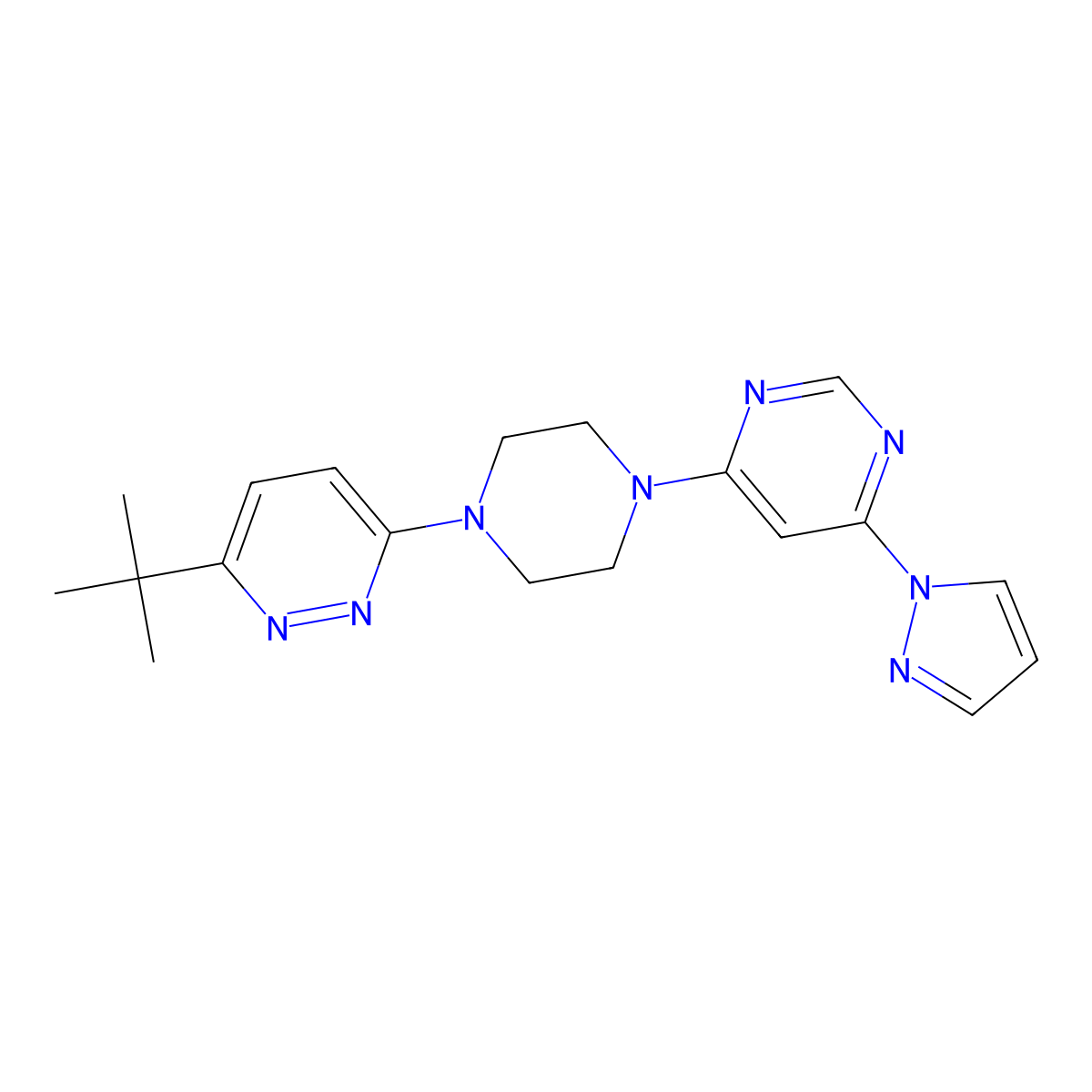 4-[4-(6-tert-butylpyridazin-3-yl)piperazin-1-yl]-6-(1H-pyrazol-1-yl)pyrimidine molecular structure, CAS 2640959-23-3