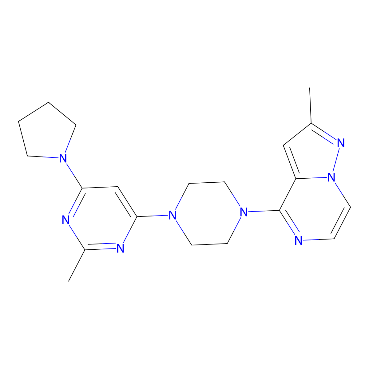 2-Methyl-4-(4-{2-methylpyrazolo[1,5-a]pyrazin-4-yl}piperazin-1-yl)-6-(pyrrolidin-1-yl)pyrimidine molecular structure, CAS 2640959-34-6