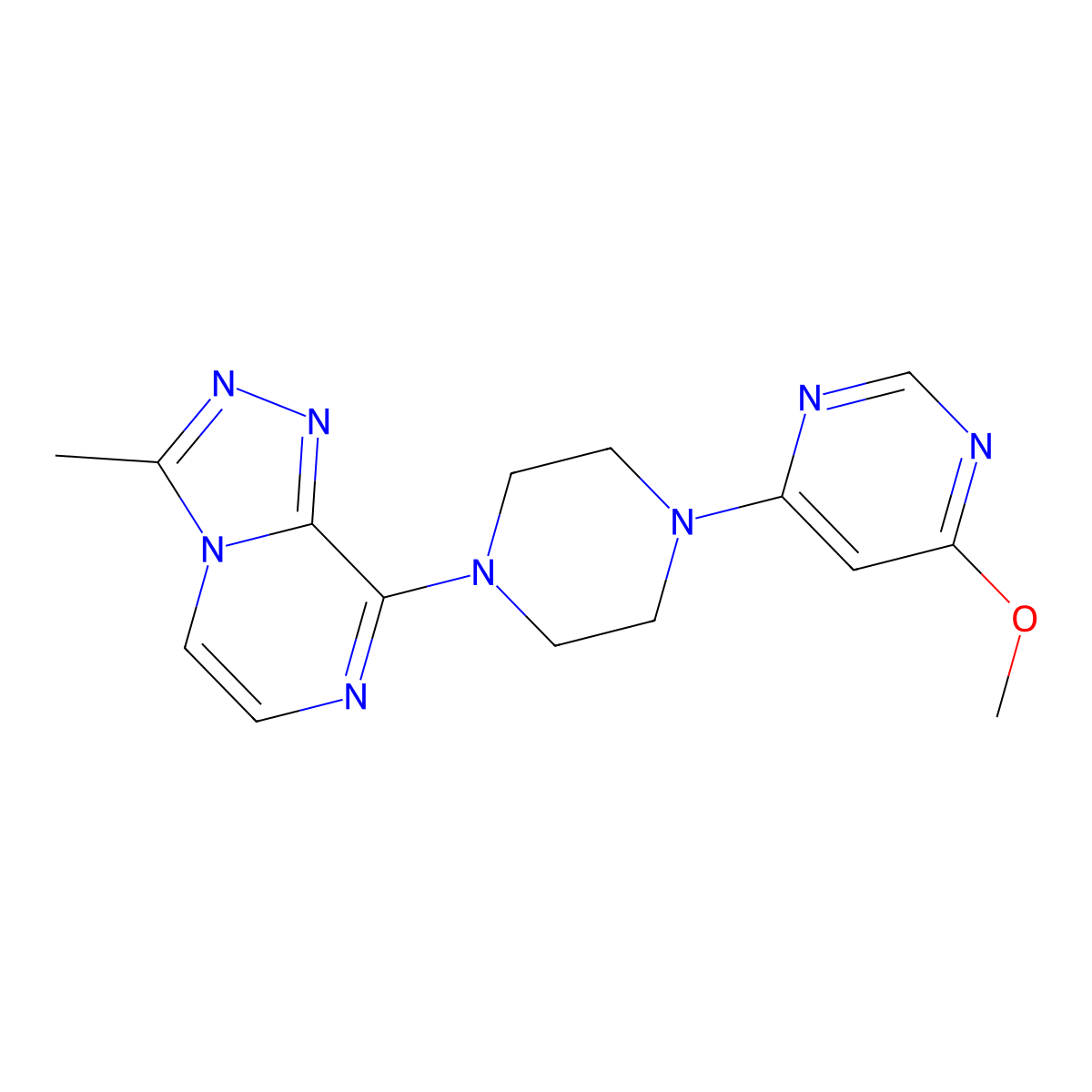 4-Methoxy-6-(4-{3-methyl-[1,2,4]triazolo[4,3-a]pyrazin-8-yl}piperazin-1-yl)pyrimidine molecular structure, CAS 2640959-35-7