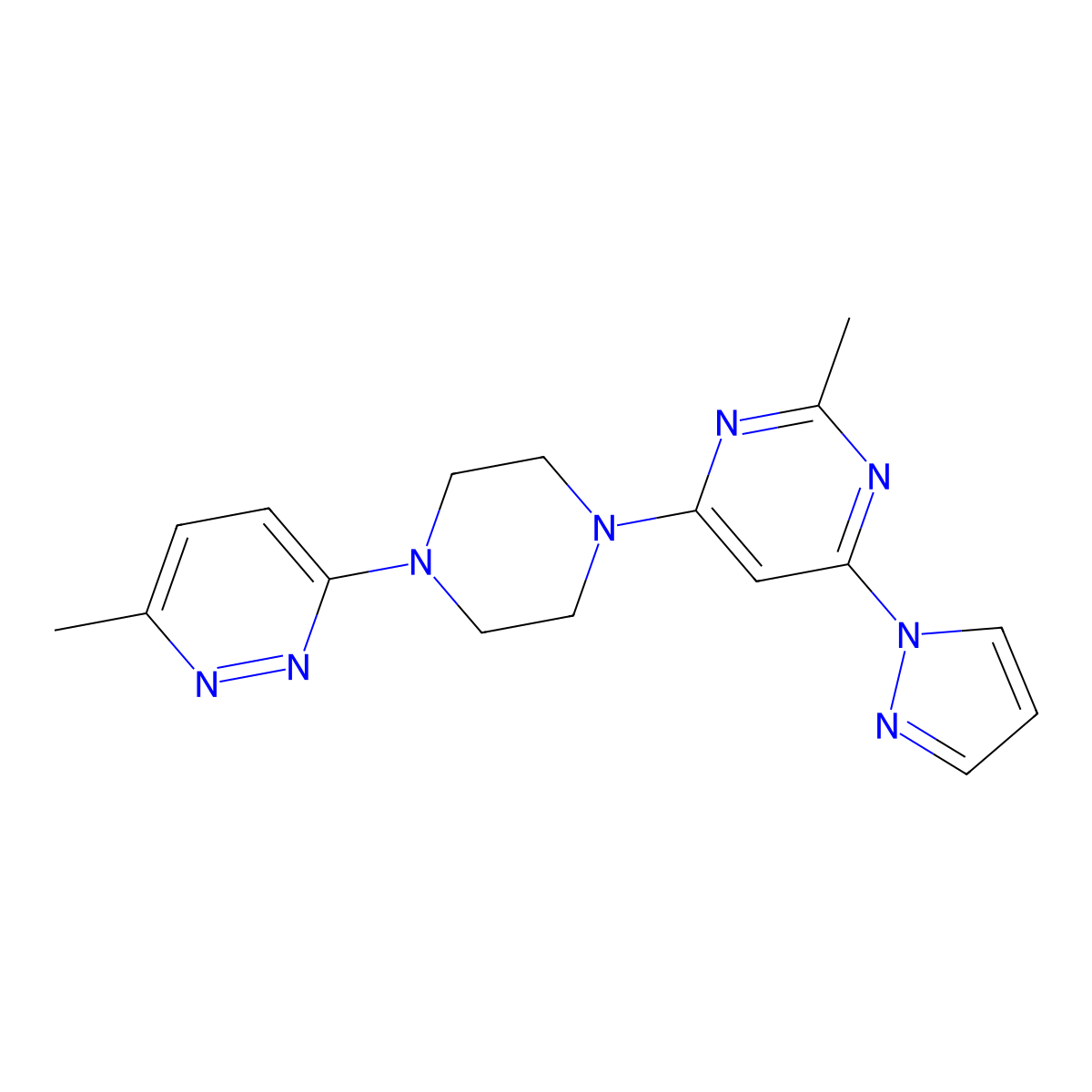 2-methyl-4-[4-(6-methylpyridazin-3-yl)piperazin-1-yl]-6-(1H-pyrazol-1-yl)pyrimidine molecular structure, CAS 2640959-36-8