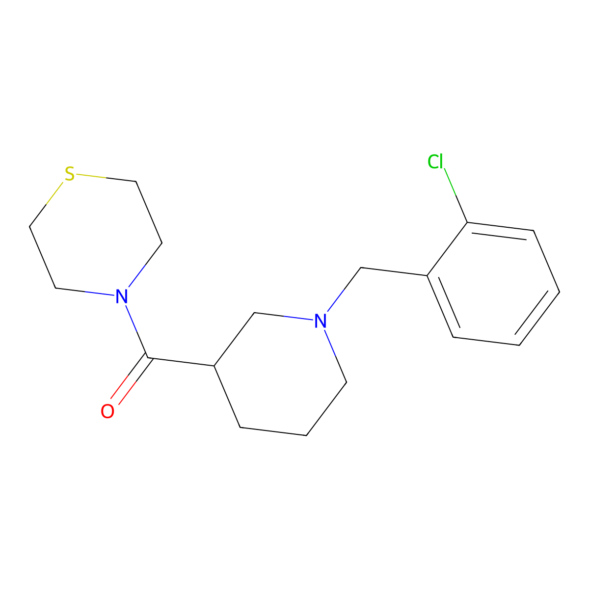 4-{1-[(2-Chlorophenyl)methyl]piperidine-3-carbonyl}thiomorpholine molecular structure, CAS 2640959-41-5