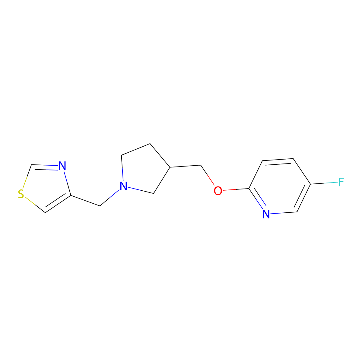 5-Fluoro-2-({1-[(1,3-thiazol-4-yl)methyl]pyrrolidin-3-yl}methoxy)pyridine molecular structure, CAS 2640959-43-7