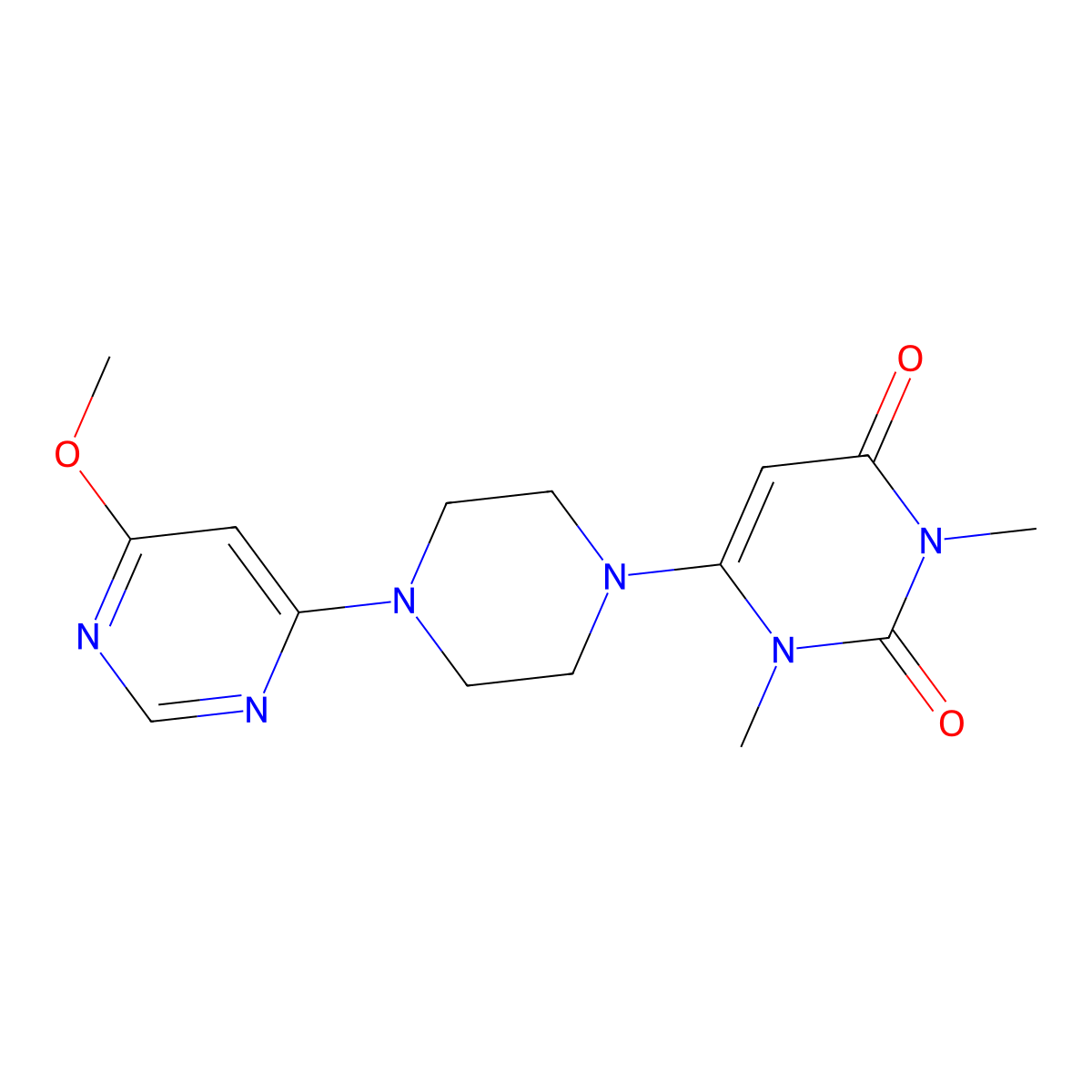6-[4-(6-Methoxypyrimidin-4-yl)piperazin-1-yl]-1,3-dimethyl-1,2,3,4-tetrahydropyrimidine-2,4-dione molecular structure, CAS 2640959-50-6